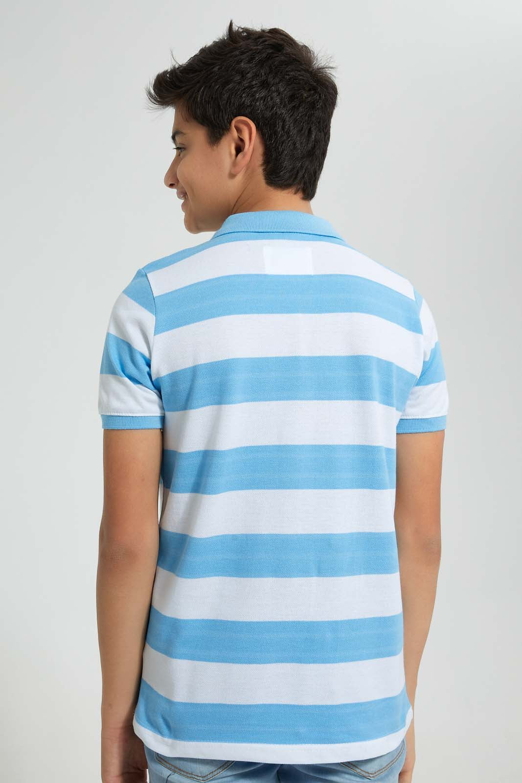 Redtag-Blue-Stripe-Polo-Polo-Shirts-Senior-Boys-9 to 14 Years