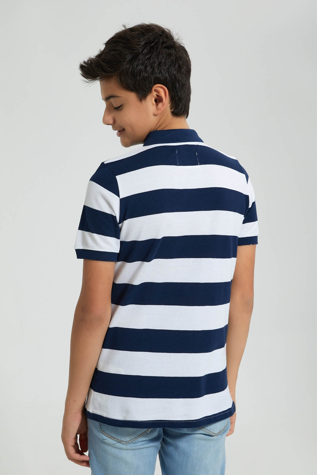 Redtag-Navy-Stripe-Polo-Polo-Shirts-Senior-Boys-9 to 14 Years