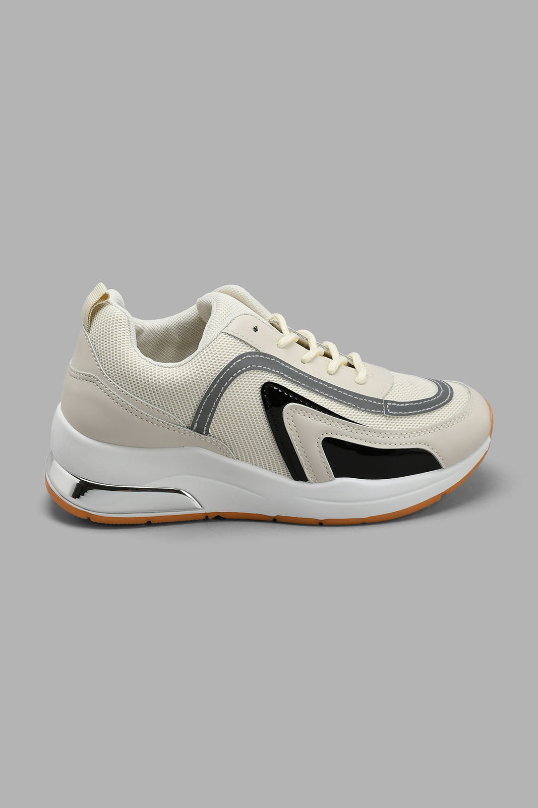 Redtag-Beige-Sneaker-With-Patent-Overlay-Chunky-Women's-