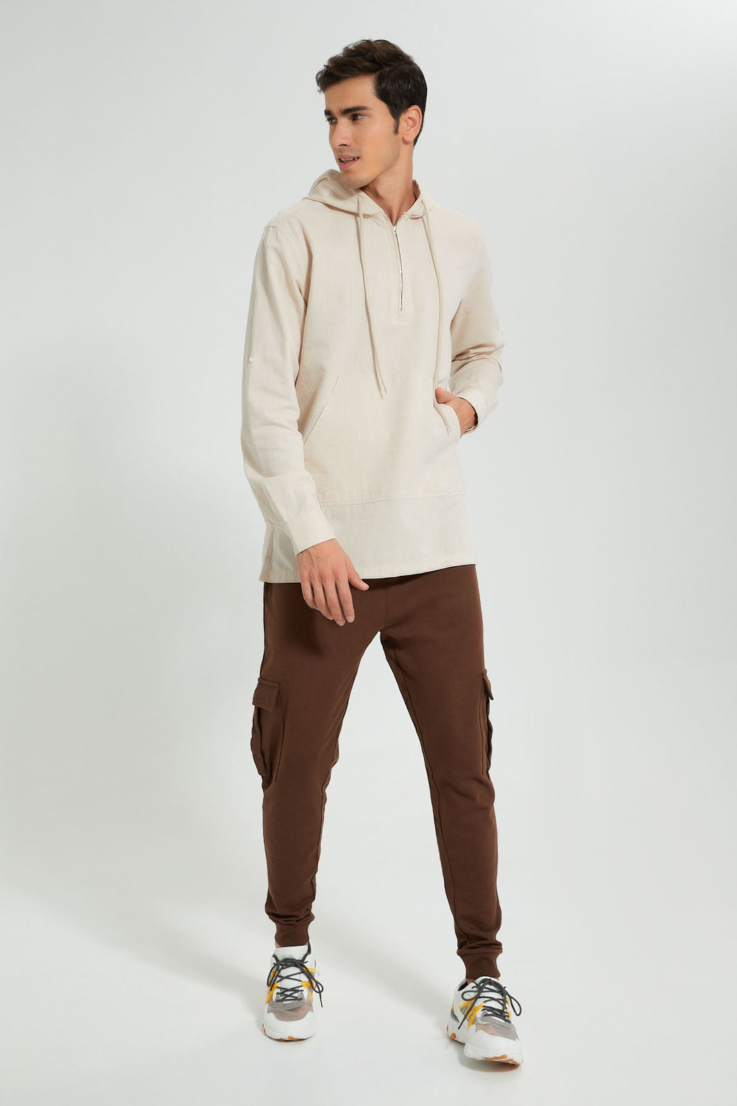 Redtag-Beige-Hoodie-Shirt-Casual-Shirts-Men's-