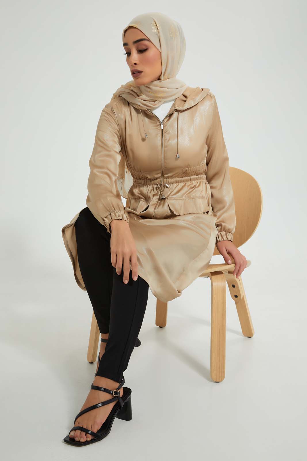 Redtag-Bege-Hooded-Shimmery-Long-Line-Jacket-With-Elasticated-Waist-And-Pocket-Details-Cardigans-Women's-