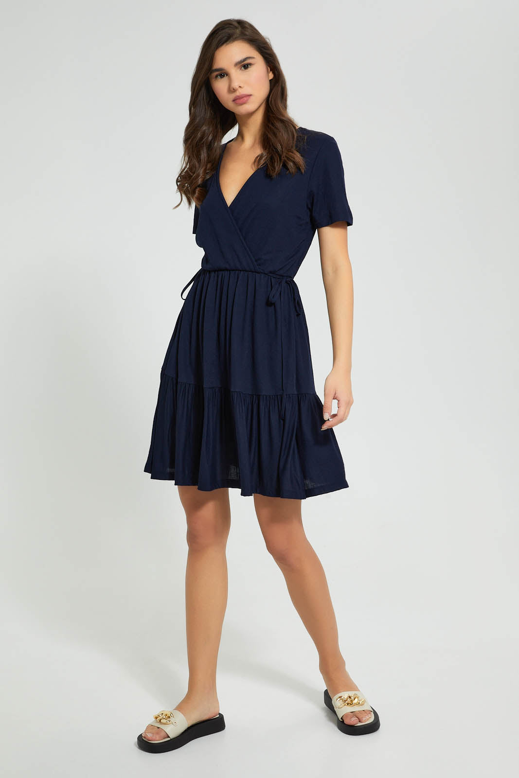 Redtag-Navy-Wrap-Skater-Dress-Dresses-Women's-