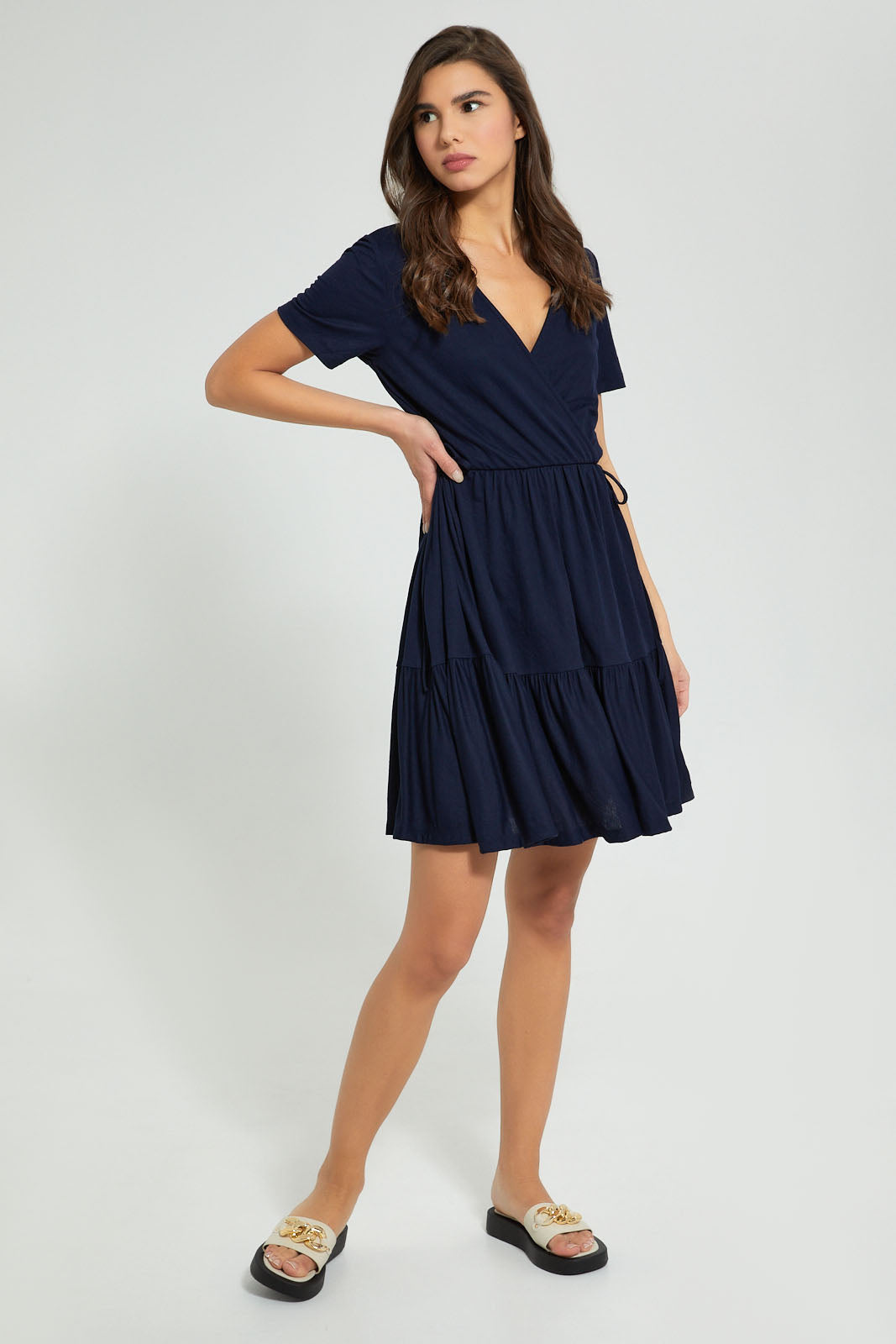 Redtag-Navy-Wrap-Skater-Dress-Dresses-Women's-