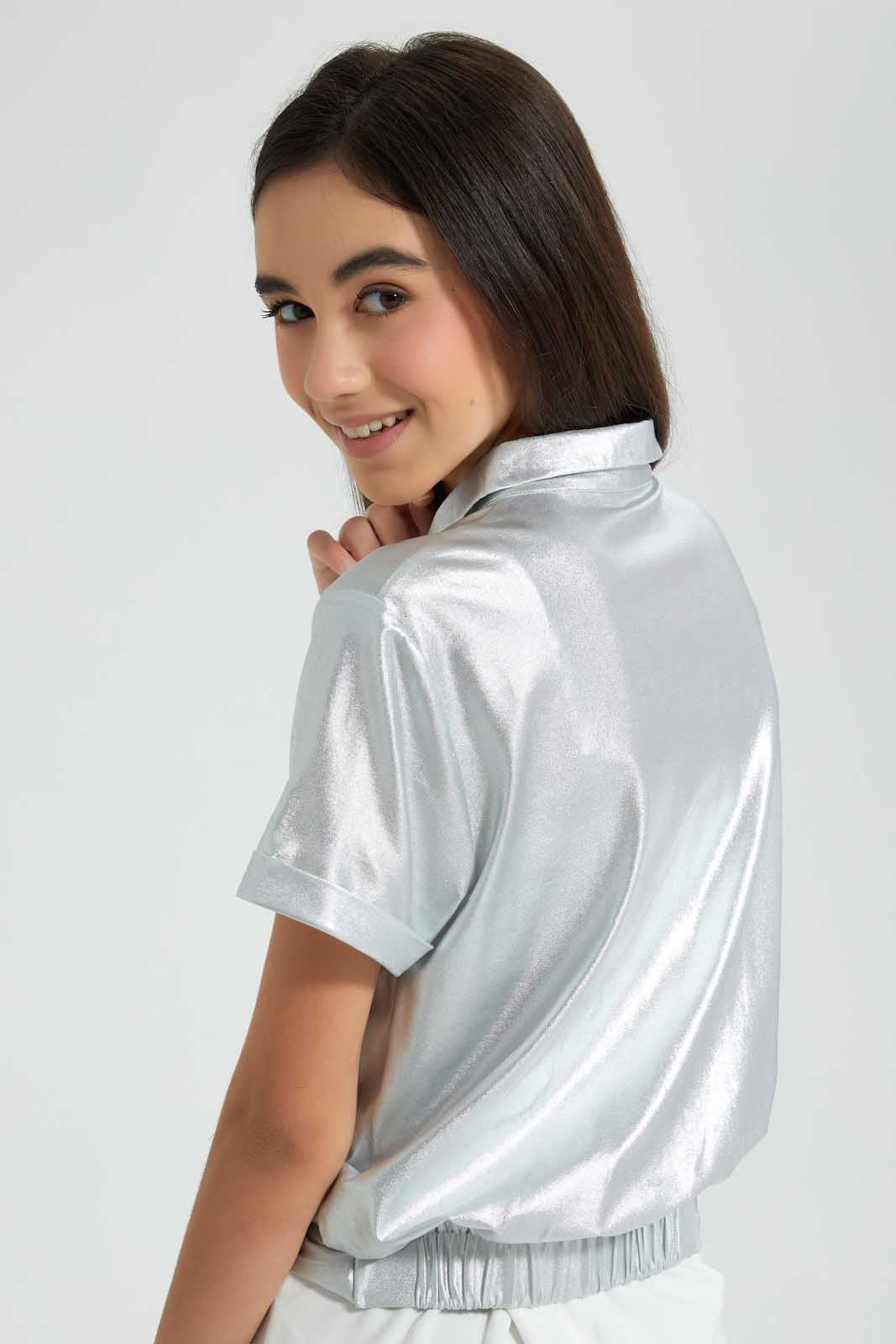 Redtag-Silver-Coated-Front-Tie-Collared-Top-Blouses-Senior-Girls-9 to 14 Years