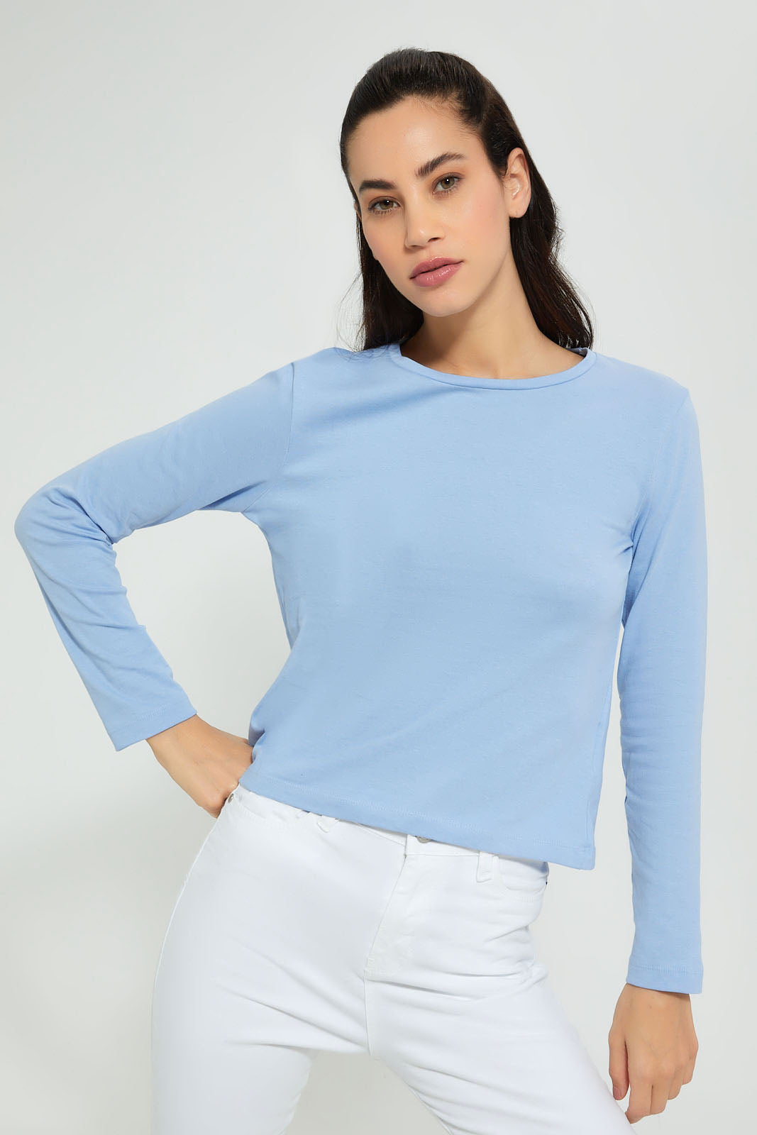 Redtag-Blue-Plain-Long-Sleeve-T-Shirt-Active-Tees-Women's-