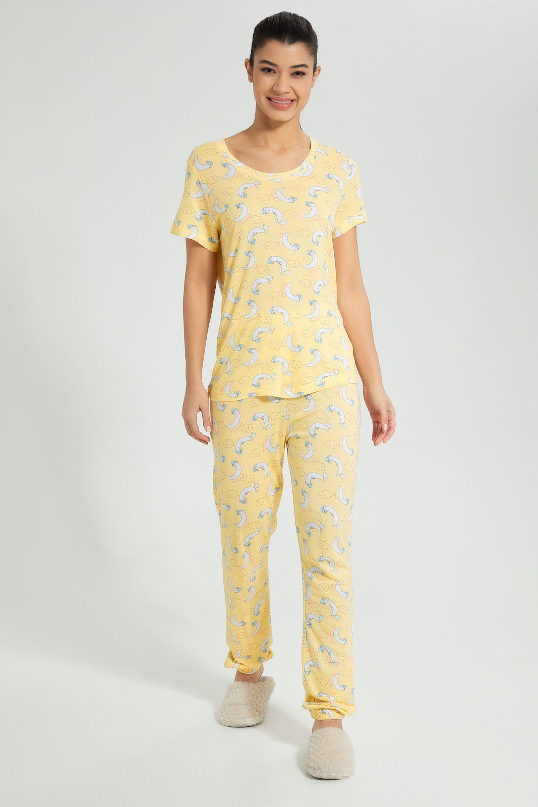 Redtag-Yellow-Allover-Printed-Pyjama-Set-Colour:Yellow,-Filter:Women's-Clothing,-New-In,-New-In-Women,-Non-Sale,-S22B,-Section:Women,-Women-Pyjama-Sets-Women's-