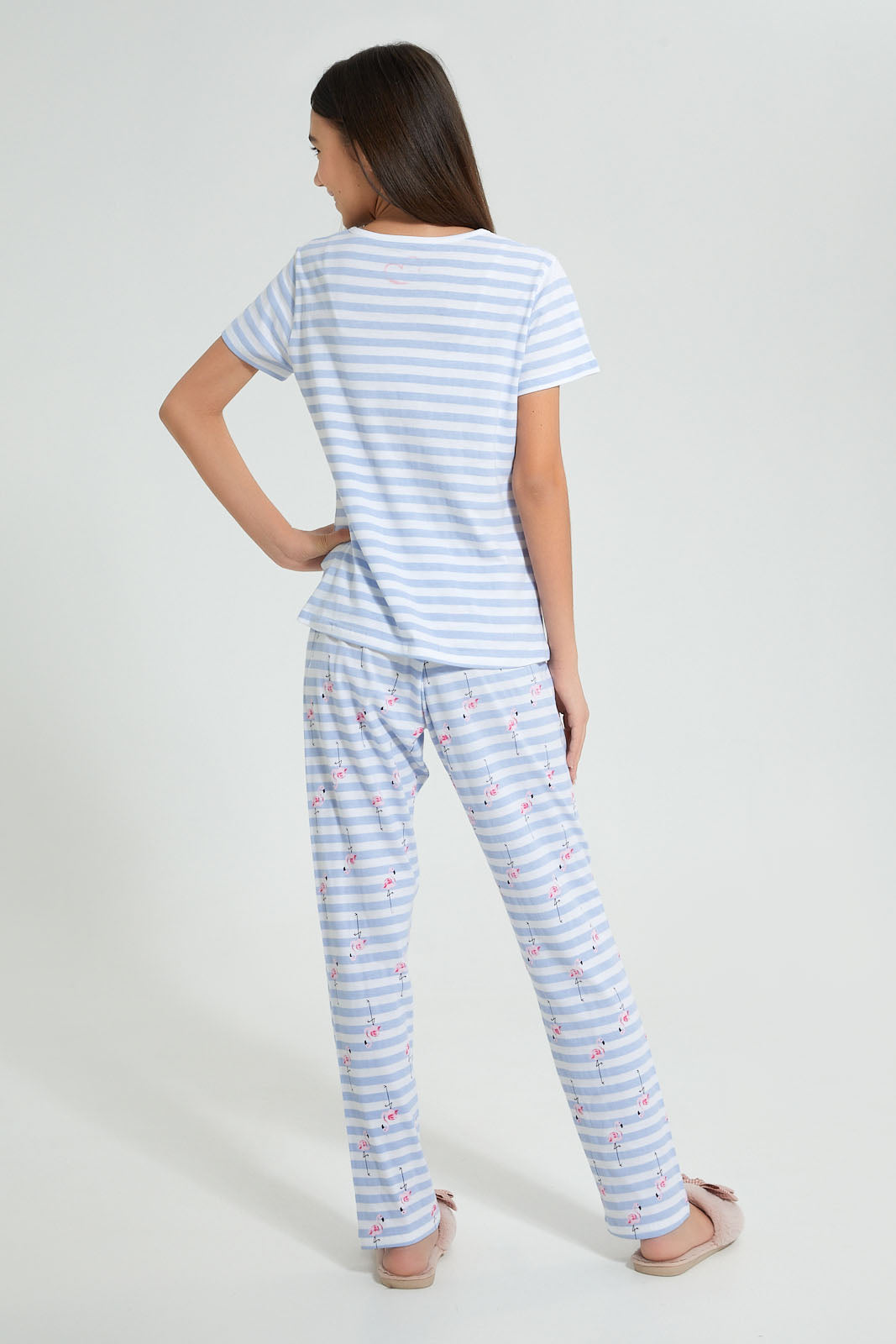 Redtag-White/Blue-Stripe-Flamingo-Pajama-Sets-Pyjama-Sets-Senior-Girls-9 to 14 Years