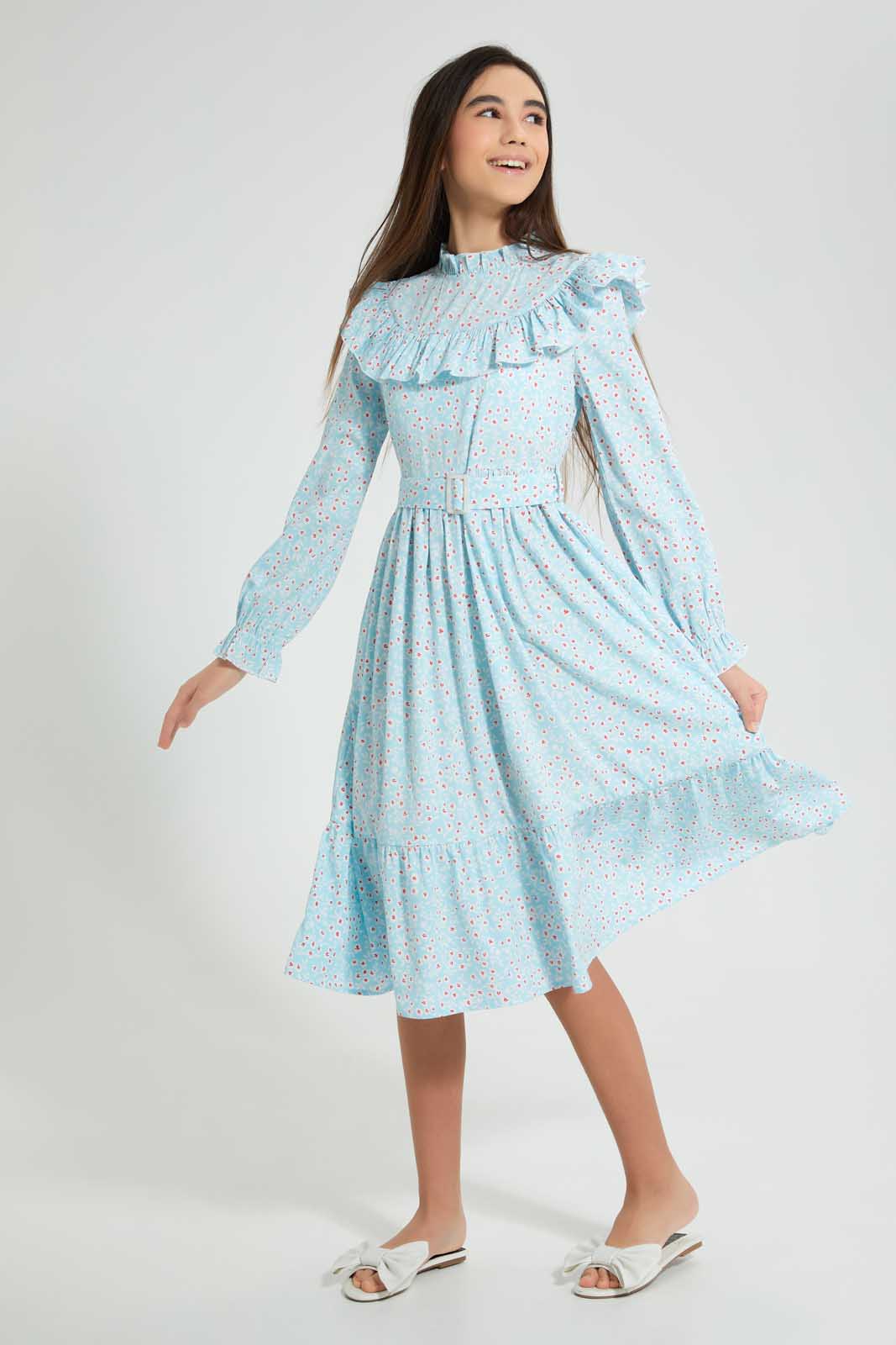 Redtag-Lt-Blue-Floral-L/S-Ruffled-Longer-Length-Dress-Dresses-Senior-Girls-9 to 14 Years