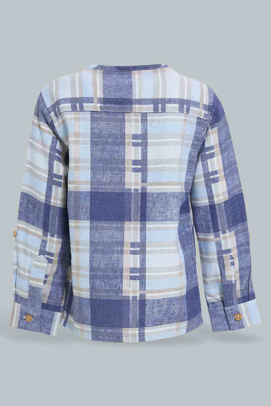 Redtag-Blue-Yd-Checked-Mandarin-Long-Slv-Shirt-Casual-Shirts-Infant-Boys-3 to 24 Months