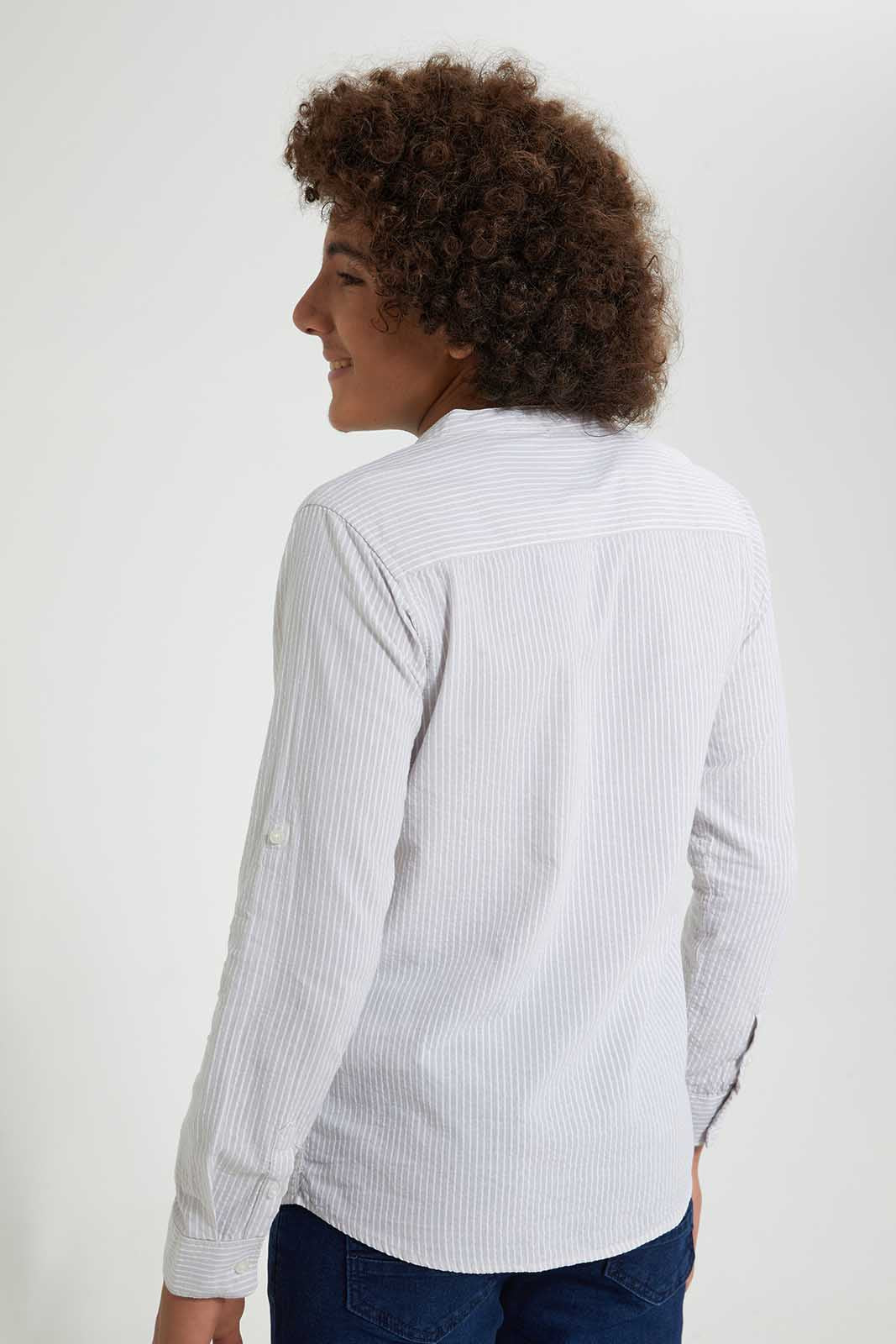 Redtag-Beige-Seer-Sucker-Stripe-Casual-Shirt-Casual-Shirts-Senior-Boys-9 to 14 Years