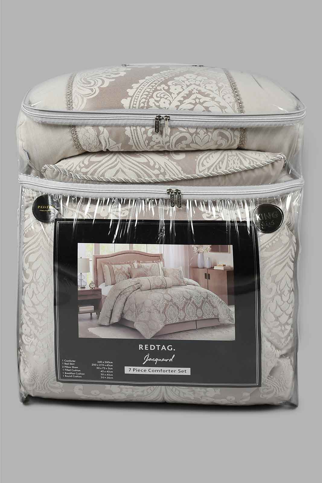 Redtag-Beige-Jacquard-7-Piece-Comforter-Set-
(King-Size)-Comforters-Home-Bedroom-