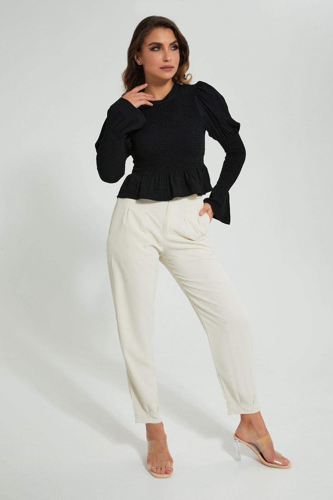 Redtag-Black-Crinkled-Bottom-Top-Colour:Black,-Filter:Women's-Clothing,-Limited-Edition-Tops,-New-In,-New-In-Women,-Non-Sale,-S22B,-Section:Women-Women's-