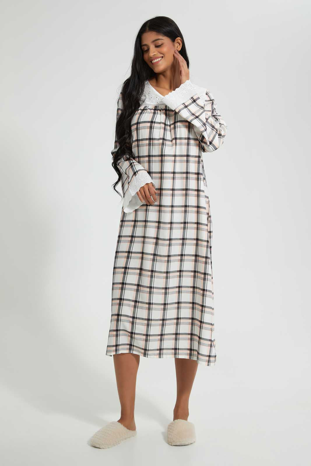 Redtag-Peach/White-Check-Printed-Nightgown-Nightgowns-Women's-