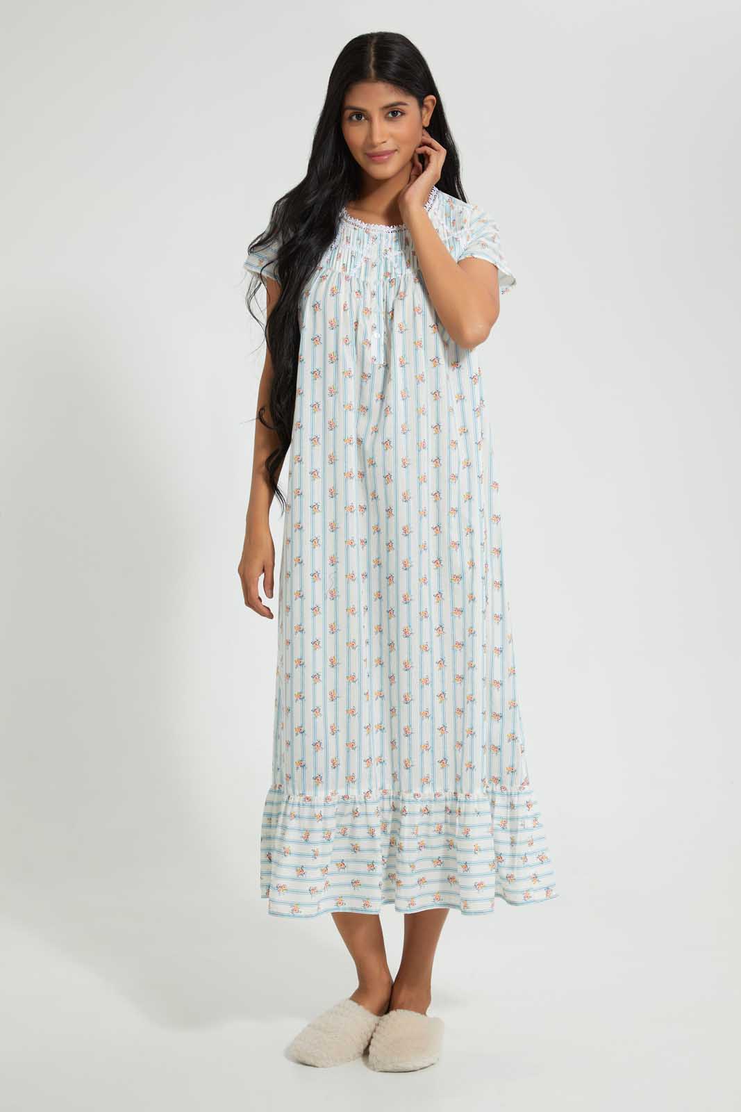 Redtag-Ivory-Floral/Stripe-Printed-Nightgown-Nightgowns-Women's-