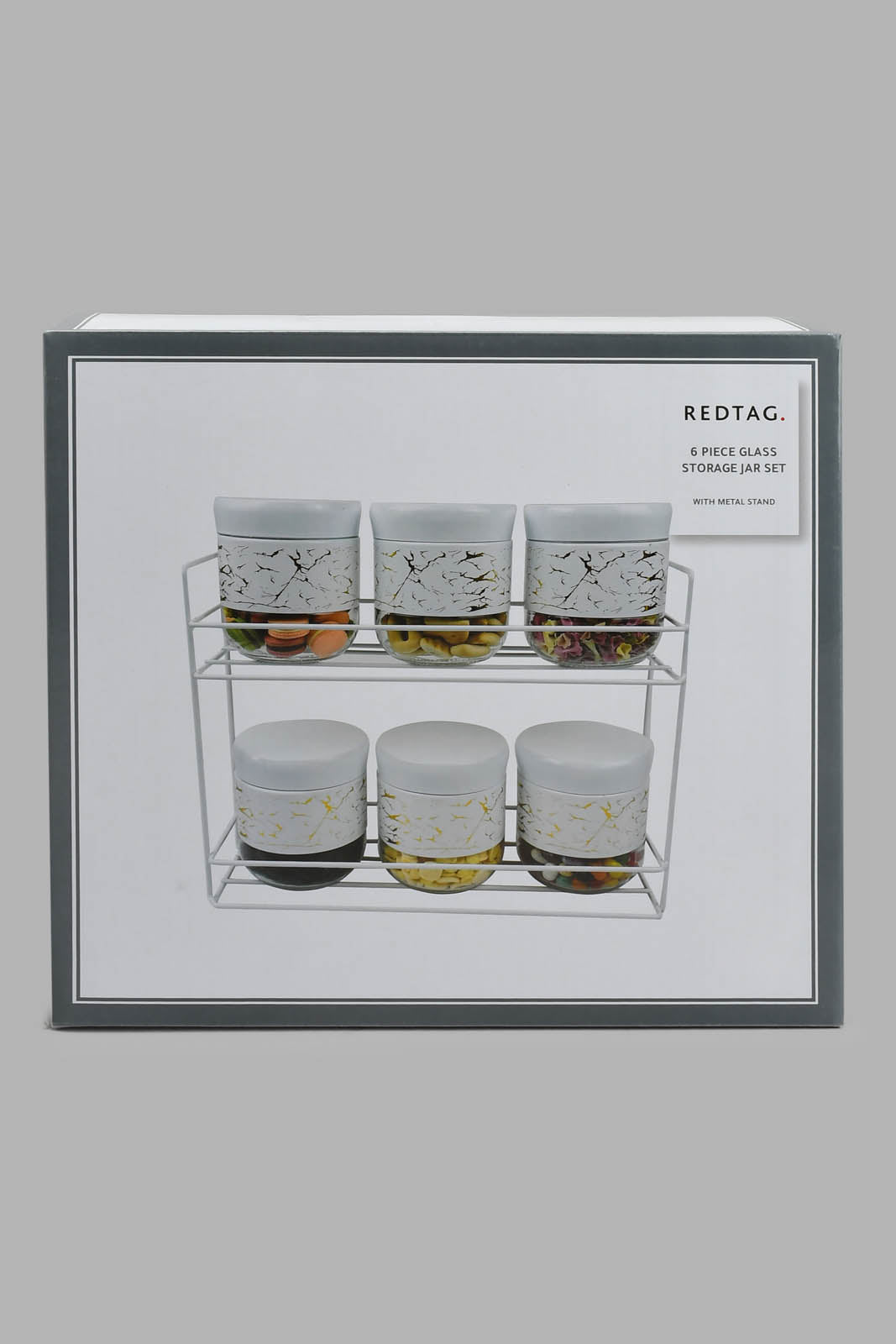Redtag-White-Marbl-Pattern-Glass-Storage-Jar-Set-With-Metal-Stand-(6-Piece)-Storage-Home-Dining-
