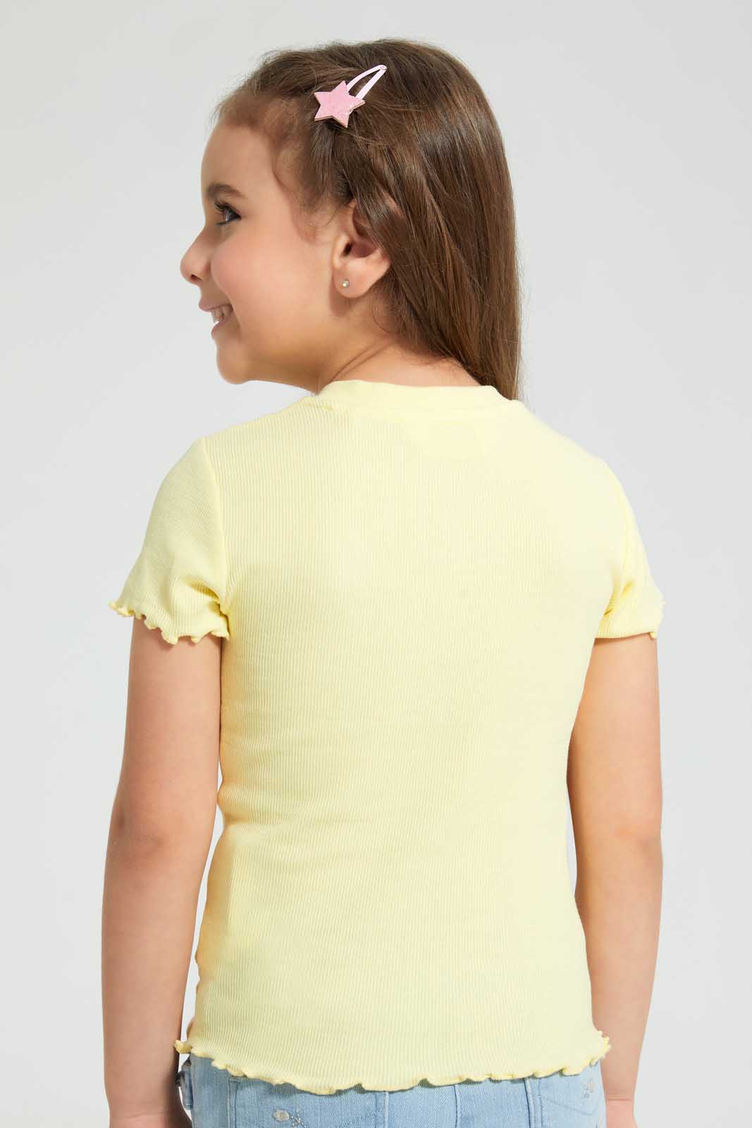 Redtag-Pale-Yellow-Short-Sleeve-T-Shirt-With-Half-Placket-Blouses-Girls-2 to 8 Years