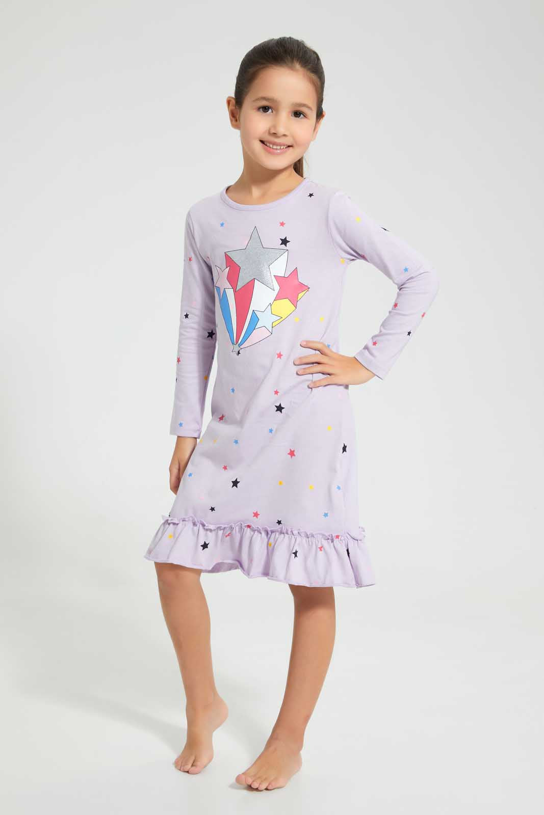 Redtag-Girl-Star-Placement-Print-&-Aop-Nightshirt-Nightshirts-Girls-2 to 8 Years