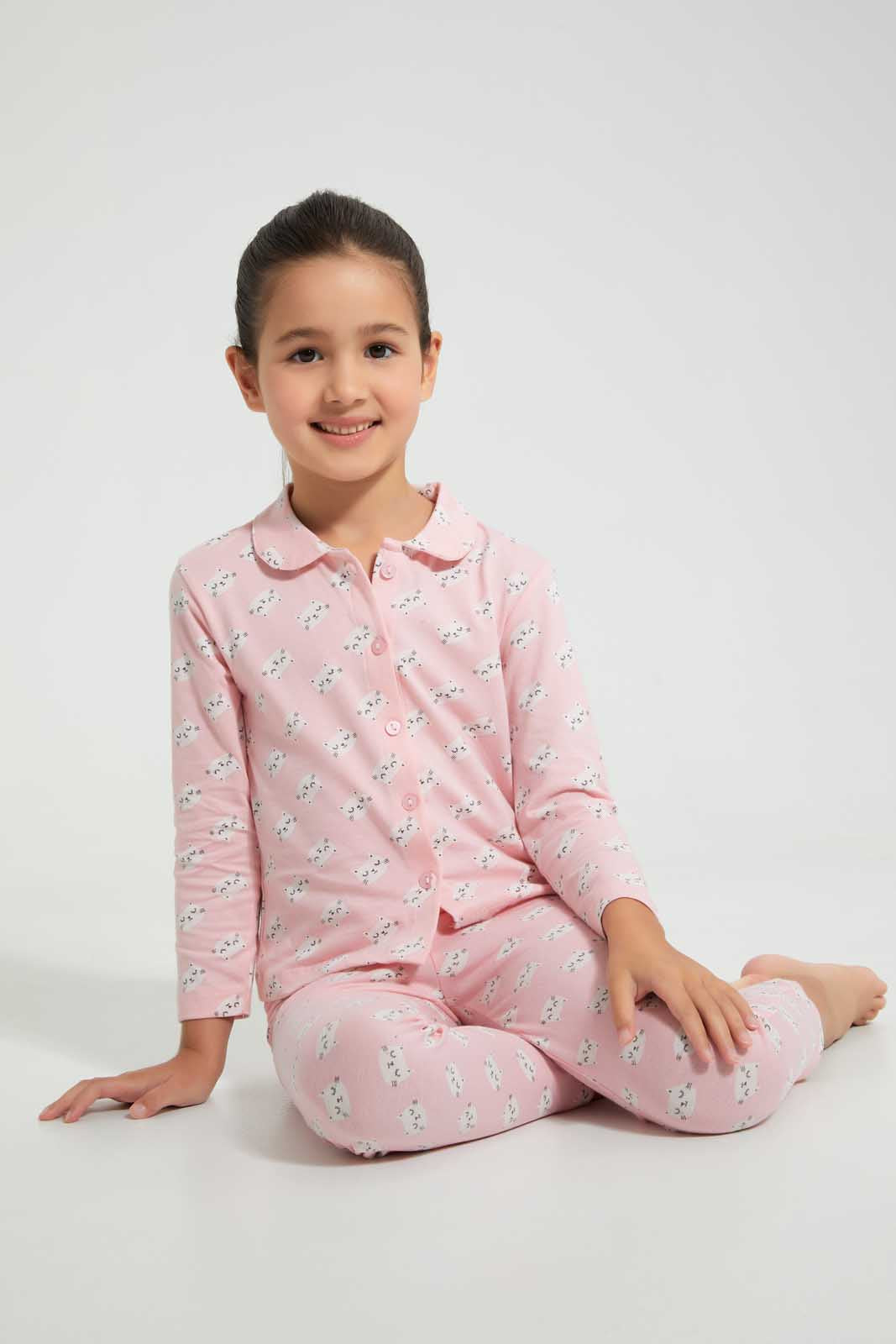 Redtag-Aop-Front-Opened-Long-Sleeve-Pyjama-Sets-Pyjama-Sets-Girls-2 to 8 Years
