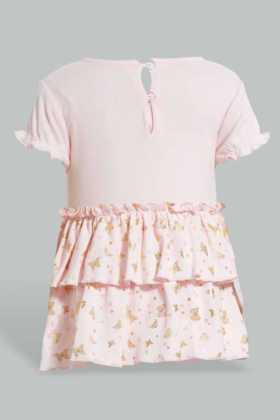 Redtag-Pink-Foil-Print-Tierd-Dress-Dresses-Baby-0 to 12 Months