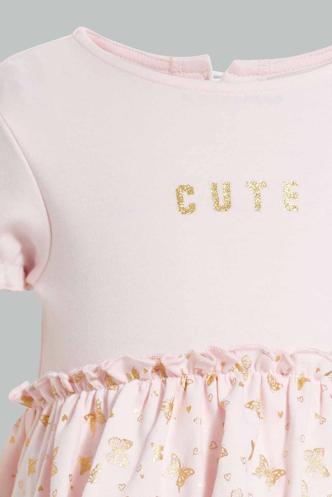 Redtag-Pink-Foil-Print-Tierd-Dress-Dresses-Baby-0 to 12 Months