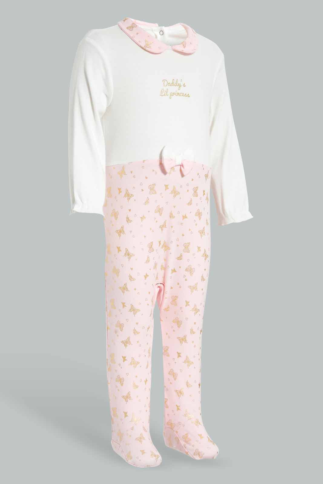 Redtag-Pink-And-White-Foil-Print-Sleep-Suit-With-Hat-Sleepsuits-Baby-0 to 12 Months