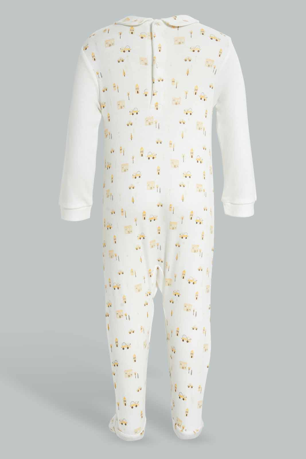 Redtag-Beige-And-White-Foil-Print-Sleep-Suit-With-Hat-Sleepsuits-Baby-0 to 12 Months