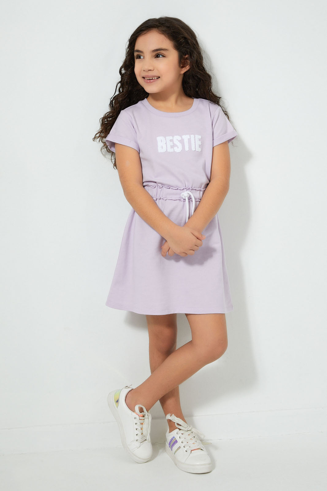 Redtag-Lilac-Chest-Print-Dress-Dresses-Girls-2 to 8 Years