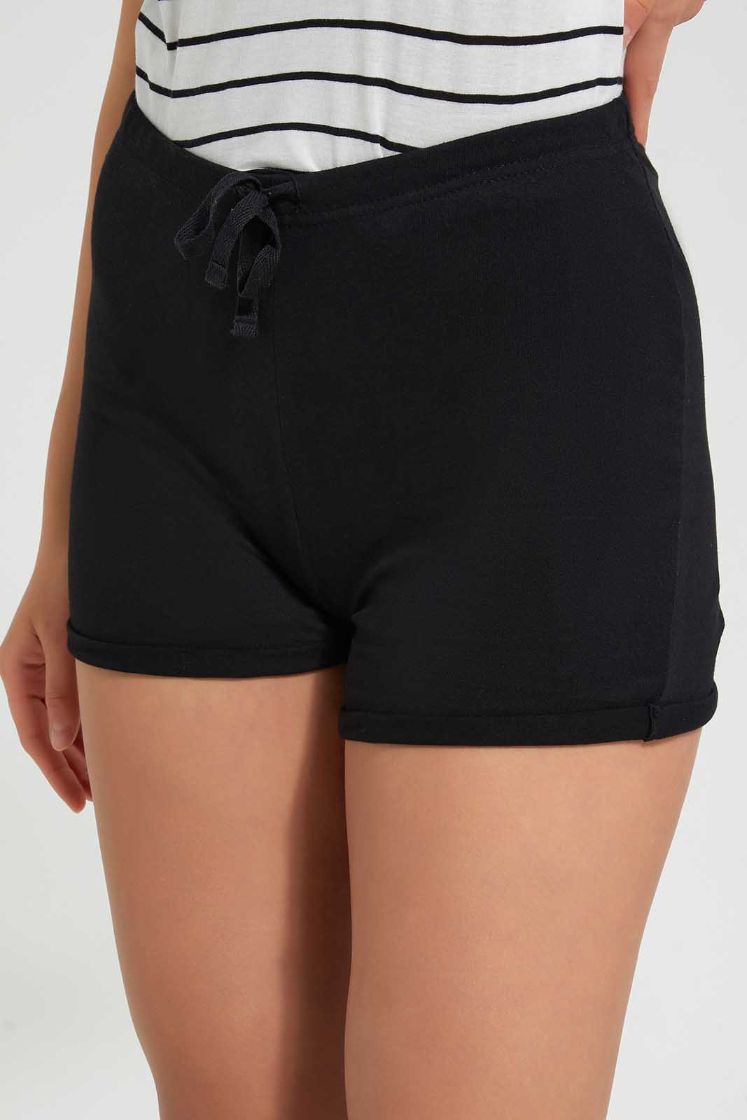 Redtag-Black-Mid-Rise-Short-With-Drawstring-Category:Shorts,-Colour:Black,-Deals:Sale,-Filter:Women's-Clothing,-PPE,-S22C,-Sale-Women-APL,-Section:Women,-Women-Active-Shorts-Women's-