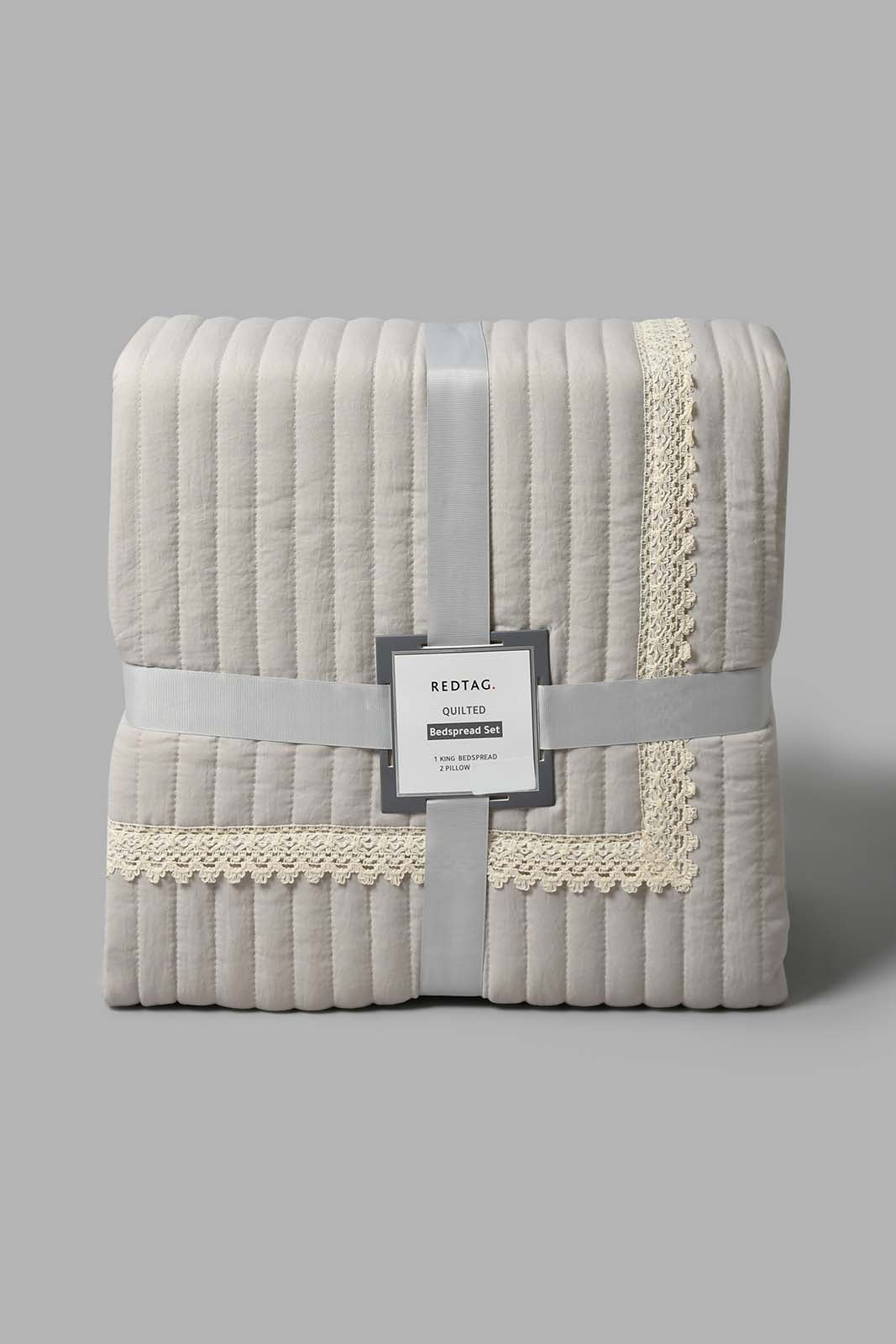 Redtag-Beige-Bedspread-Set-With-Lace-
-(King-Size)-Bedspreads-Home-Bedroom-