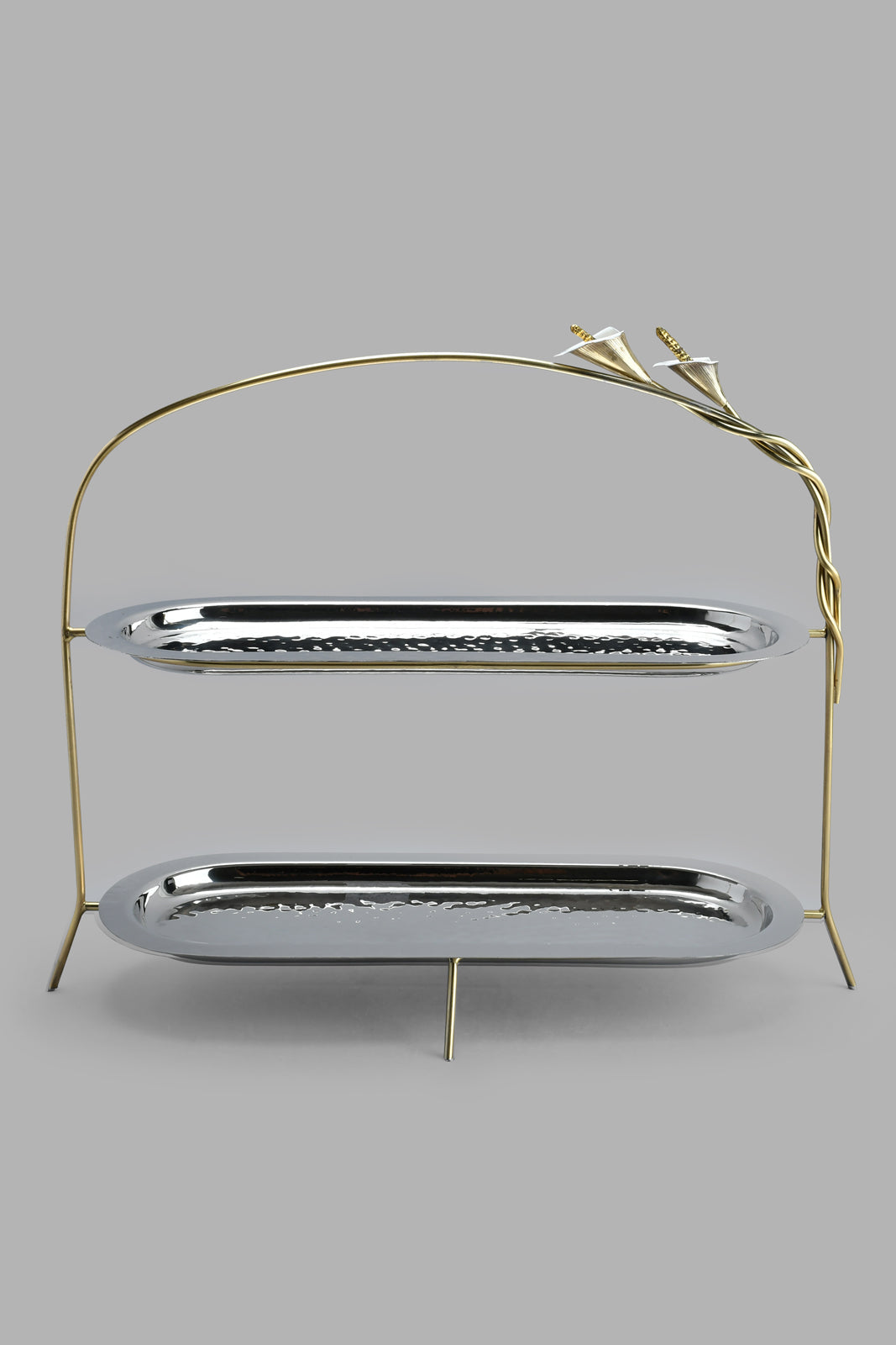 Redtag-Silver-Hammered-Two-Tier-Oval-Dish-With-Gold-Brass-Stand-Serving-Dish-Home-Dining-