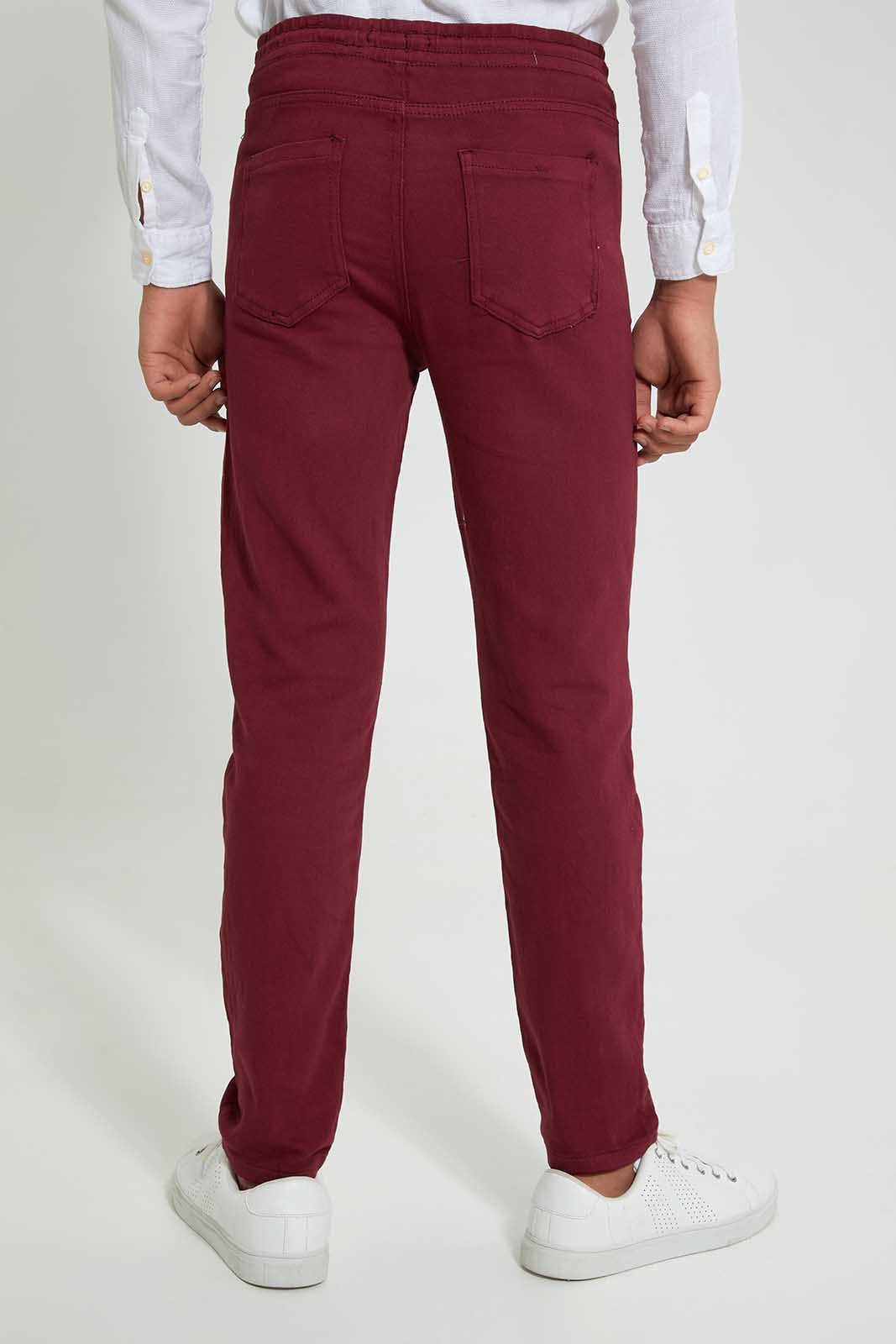 Redtag-Burgundy-Colored-Knit-Denim-Jeans-Regular-Fit-Senior-Boys-9 to 14 Years