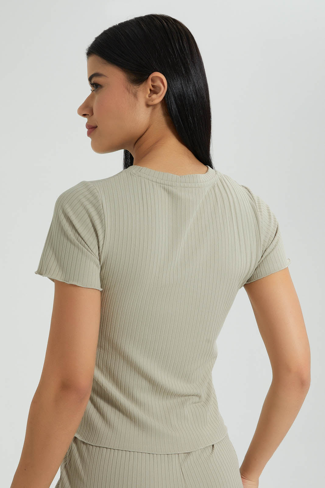 Redtag-Olive-Ribbed-Lettuce-Cuff-Tee-Colour:Dark-Green,-Filter:Women's-Clothing,-New-In,-New-In-Women,-Non-Sale,-S22B,-Section:Women,-Women-T-Shirts-Women's-