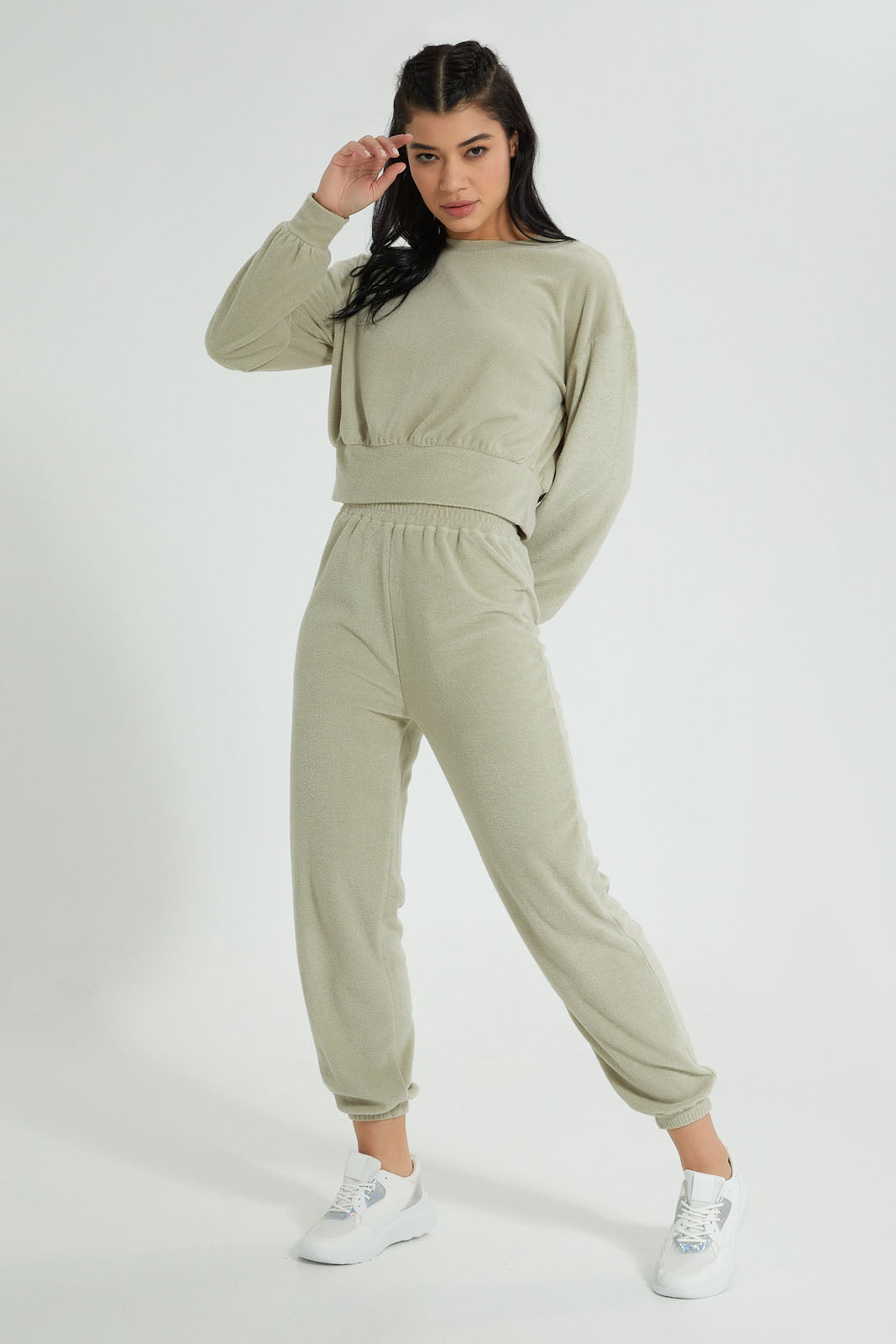 Redtag-Olive-Crewneck-Sweatshirt-With-Gathers-At-Hem-Colour:Dark-Green,-Filter:Women's-Clothing,-New-In,-New-In-Women,-Non-Sale,-S22B,-Section:Women,-Women-Sweatshirts-Women's-