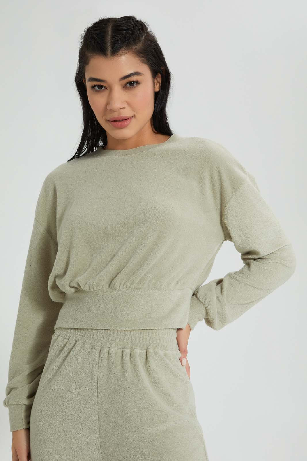 Redtag-Olive-Crewneck-Sweatshirt-With-Gathers-At-Hem-Colour:Dark-Green,-Filter:Women's-Clothing,-New-In,-New-In-Women,-Non-Sale,-S22B,-Section:Women,-Women-Sweatshirts-Women's-