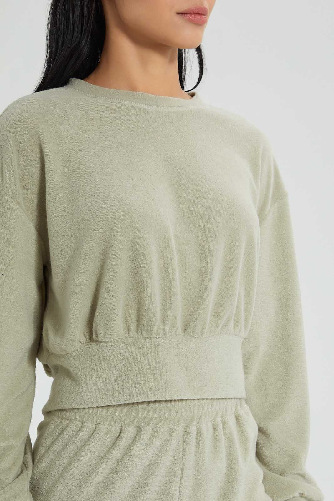 Redtag-Olive-Crewneck-Sweatshirt-With-Gathers-At-Hem-Colour:Dark-Green,-Filter:Women's-Clothing,-New-In,-New-In-Women,-Non-Sale,-S22B,-Section:Women,-Women-Sweatshirts-Women's-