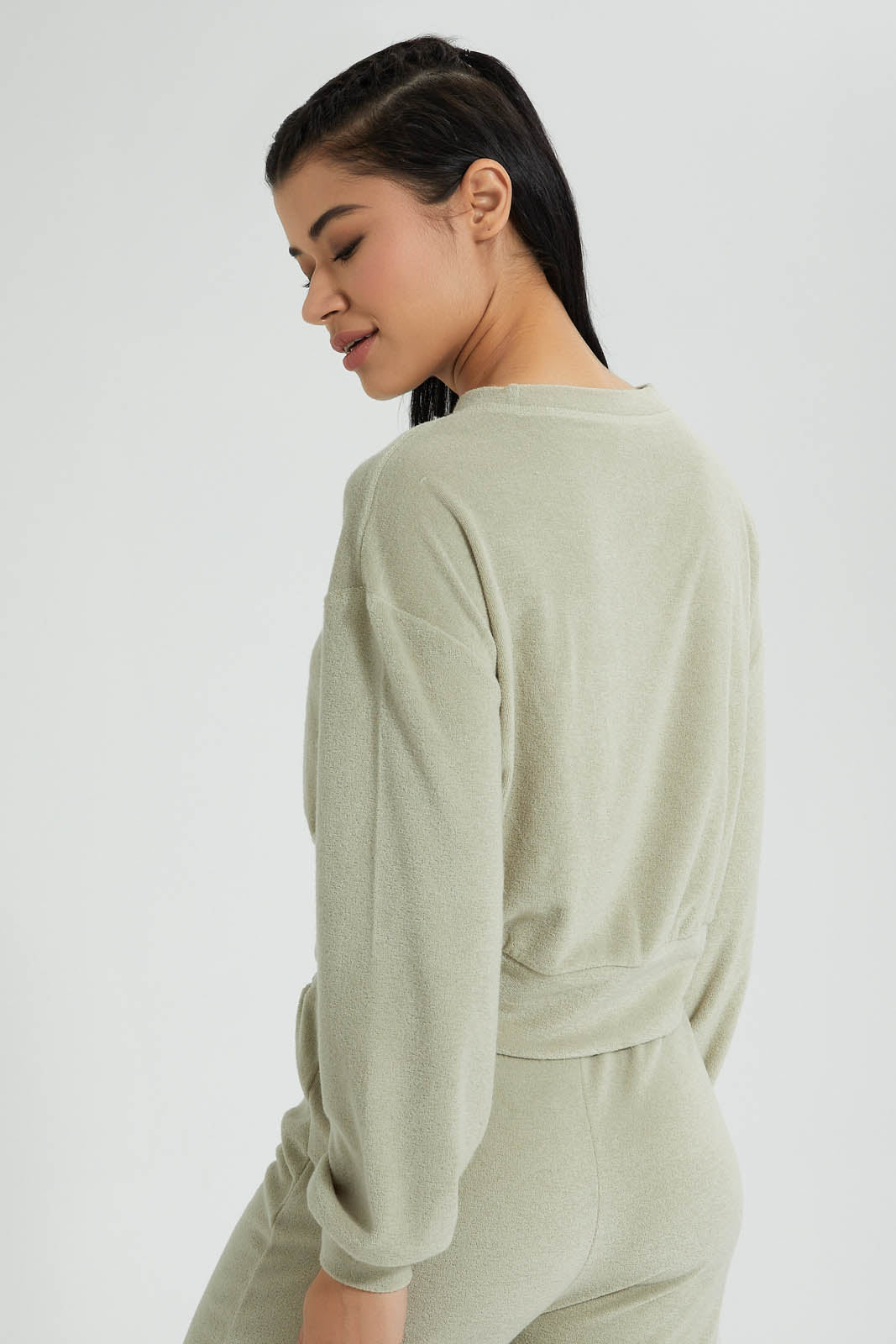 Redtag-Olive-Crewneck-Sweatshirt-With-Gathers-At-Hem-Colour:Dark-Green,-Filter:Women's-Clothing,-New-In,-New-In-Women,-Non-Sale,-S22B,-Section:Women,-Women-Sweatshirts-Women's-