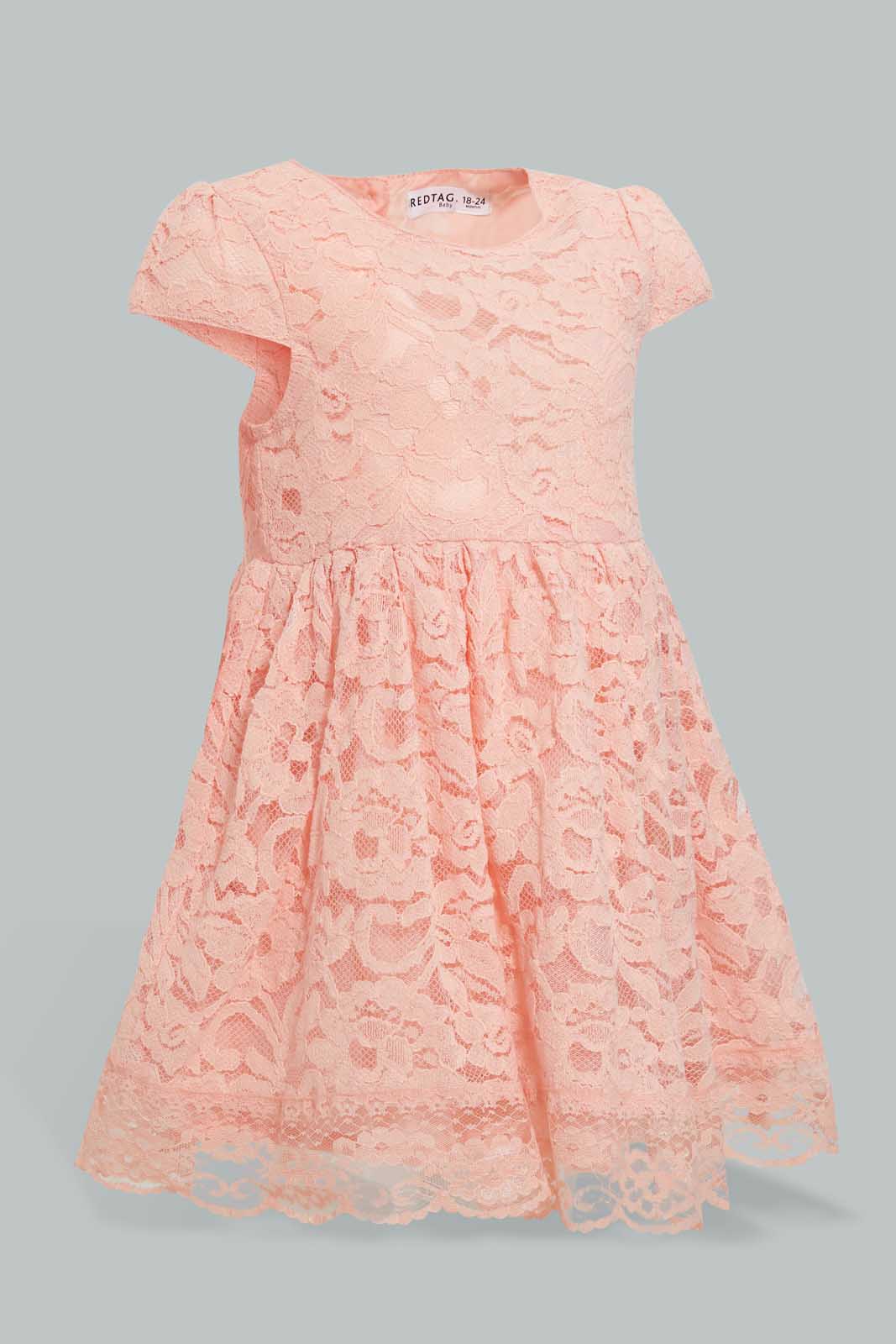 Redtag-Coral-Lace-Gather-Waist-Dress-Dresses-Infant-Girls-3 to 24 Months