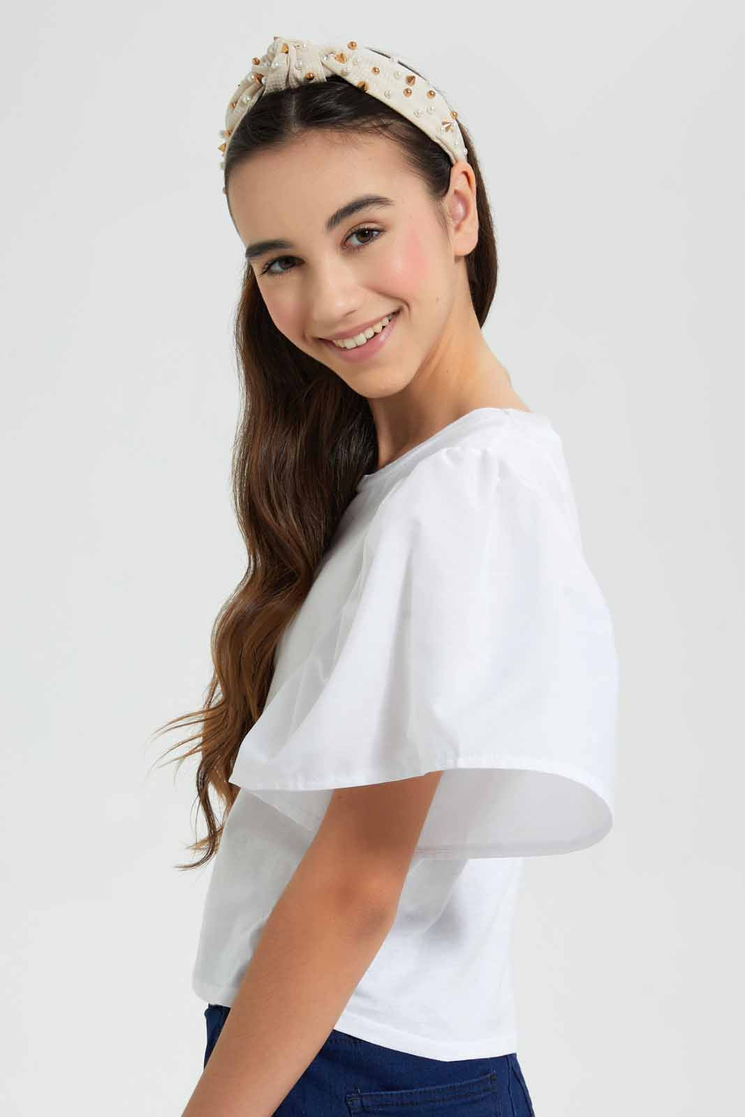 Redtag-White-Mettalic-Ruffled-Sleeve-Top-Plain-T-Shirts-Senior-Girls-9 to 14 Years