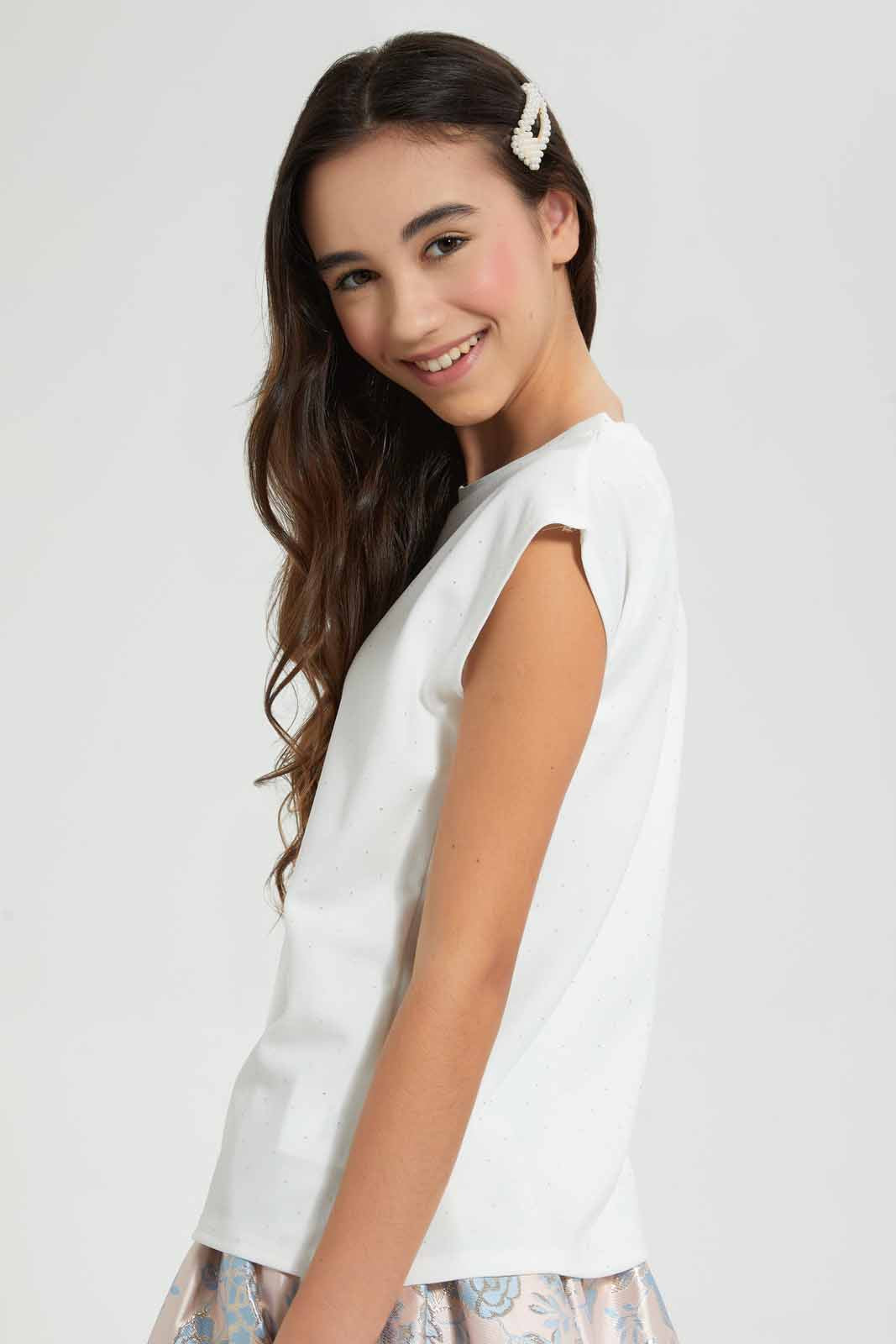 Redtag-White-Gold-Studs-Top-Embellished-T-Shirts-Senior-Girls-9 to 14 Years