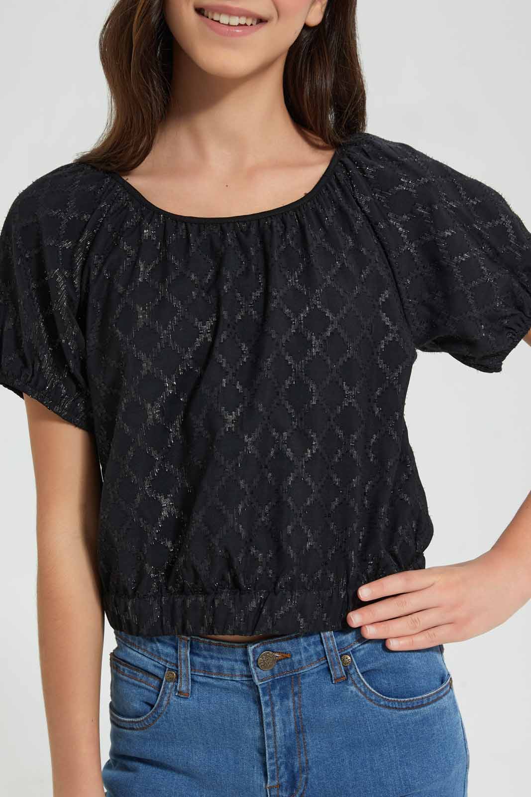 Redtag-Black/Silver-Dobby-Lurex-Top-Blouses-Senior-Girls-9 to 14 Years