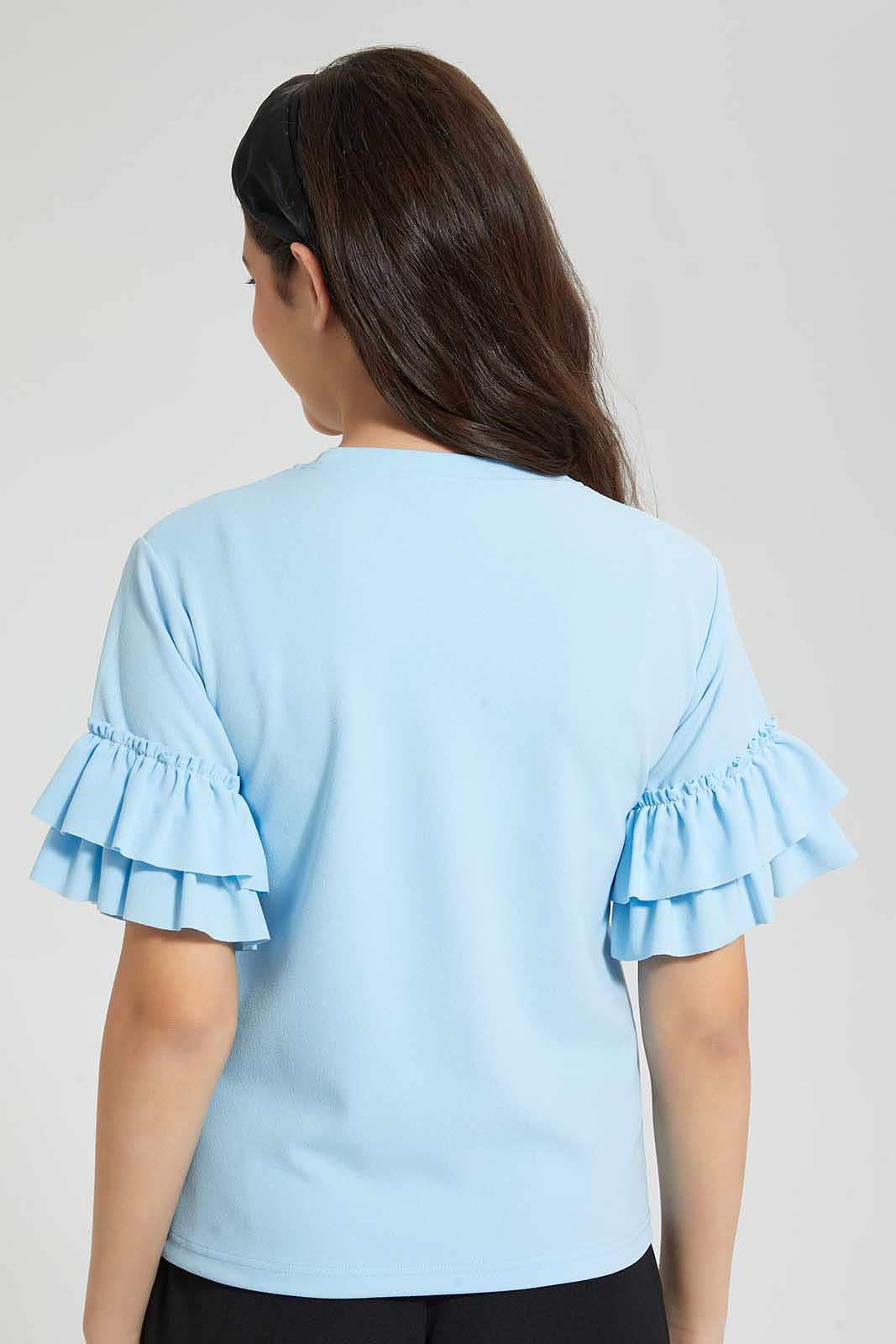 Redtag-Lt-Blue-Ruffled-Sleeve-Pearl-Top-Embellished-Senior-Girls-9 to 14 Years