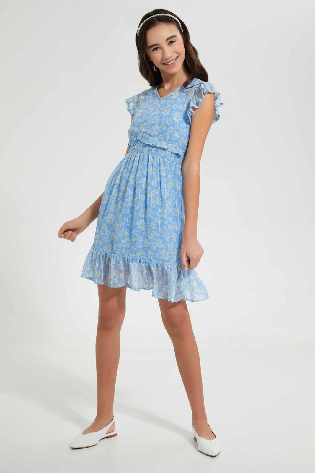 Redtag-Pink/Gold-Foil-Print-Ruffled-Sleeve-Dress-Dresses-Senior-Girls-9 to 14 Years