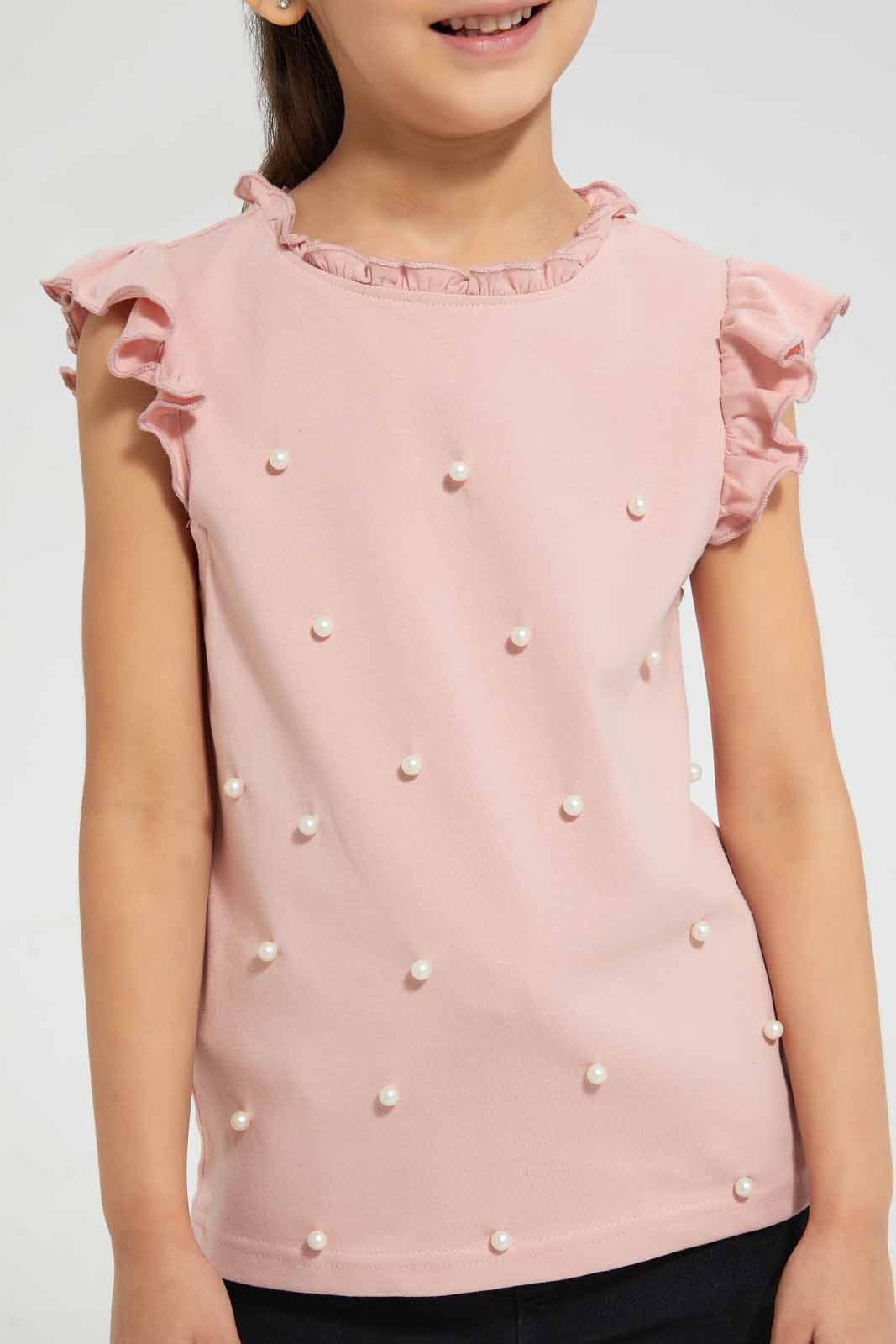 Redtag-Pink-Pearl-Embellished-Top-Category:T-Shirts,-Colour:Pink,-Deals:Sale,-Filter:Girls-(2-to-8-Yrs),-GIR-T-Shirts,-S22B,-Sale-GIR-APL,-Section:Girls-(0-to-14Yrs)-Girls-2 to 8 Years