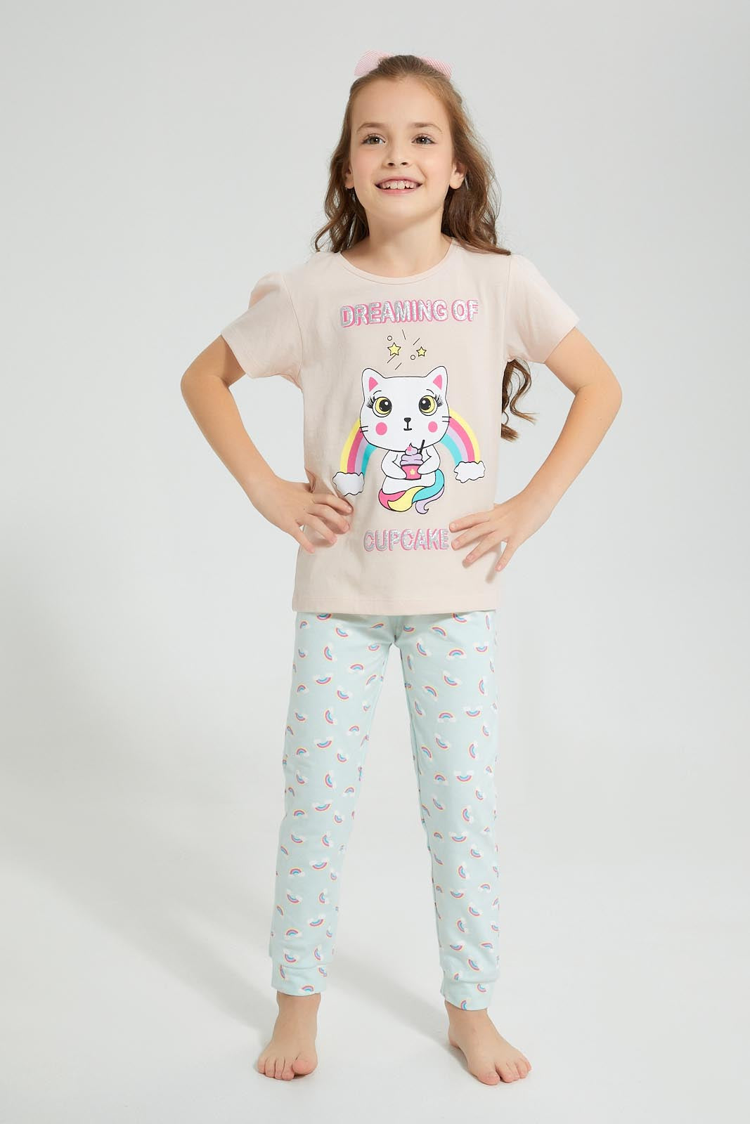 Redtag-Peach/Mint-Printed-S/Sleeve-Pyjama-Set-Colour:Mint,-Filter:Girls-(2-to-8-Yrs),-Girls-Pyjama-Sets,-New-In,-New-In-GIR,-Non-Sale,-S22C,-Section:Kidswear-Girls-2 to 8 Years