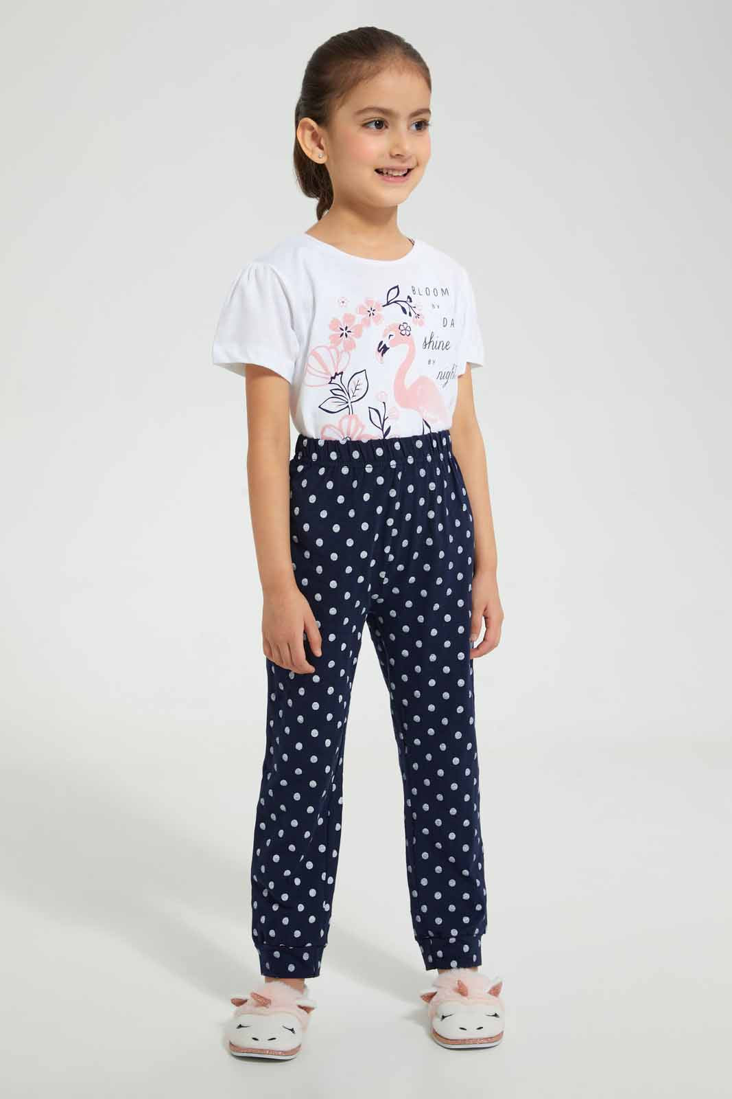Redtag-White-And-Navy-Printed-Pyjama-Set-(2-Piece)-Category:Pyjama-Sets,-Colour:Navy,-Colour:White,-Deals:4-For-90,-Deals:Sale,-Filter:Girls-(2-to-8-Yrs),-GIR-Pyjama-Sets,-S22B,-Sale-GIR-APL,-Section:Girls-(0-to-14Yrs)-Girls-2 to 8 Years