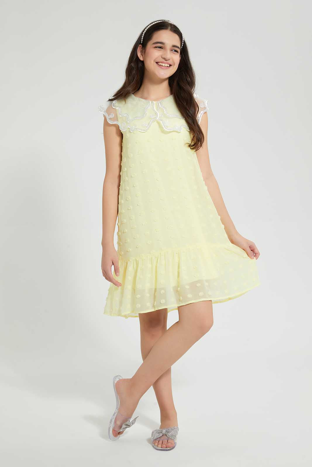 Redtag-Yellow-Organza-Collared-Dobby-Dress-Dresses-Senior-Girls-9 to 14 Years