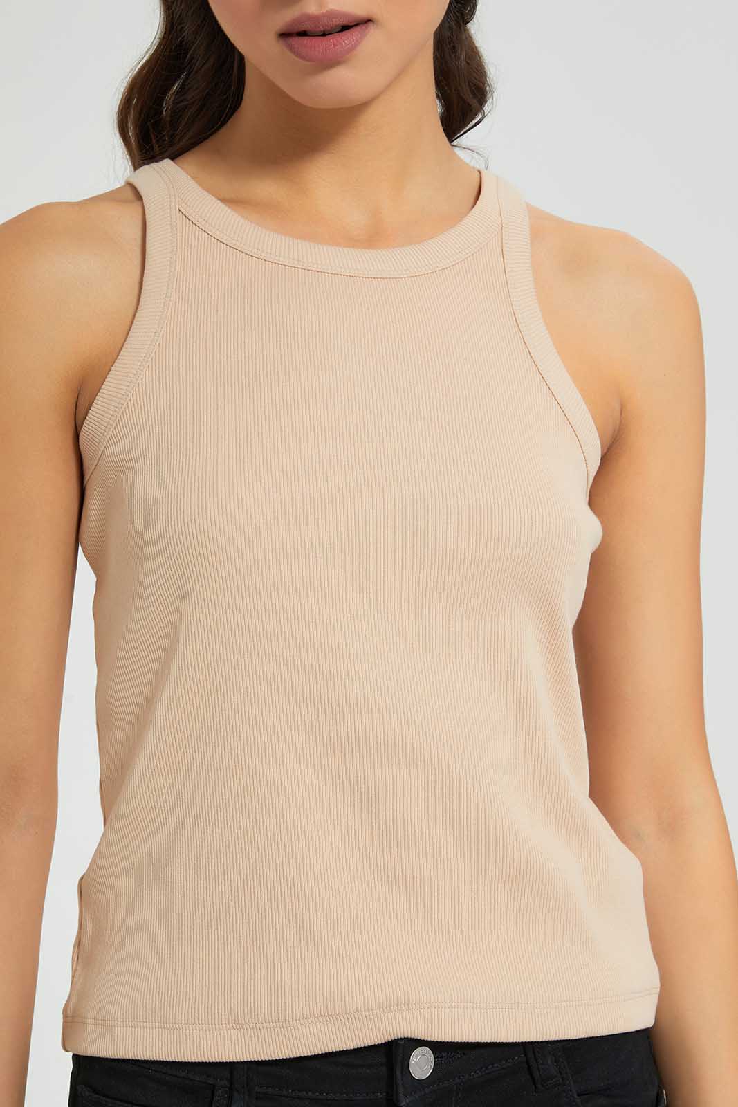 Beige Full-Length Ribbed Vest