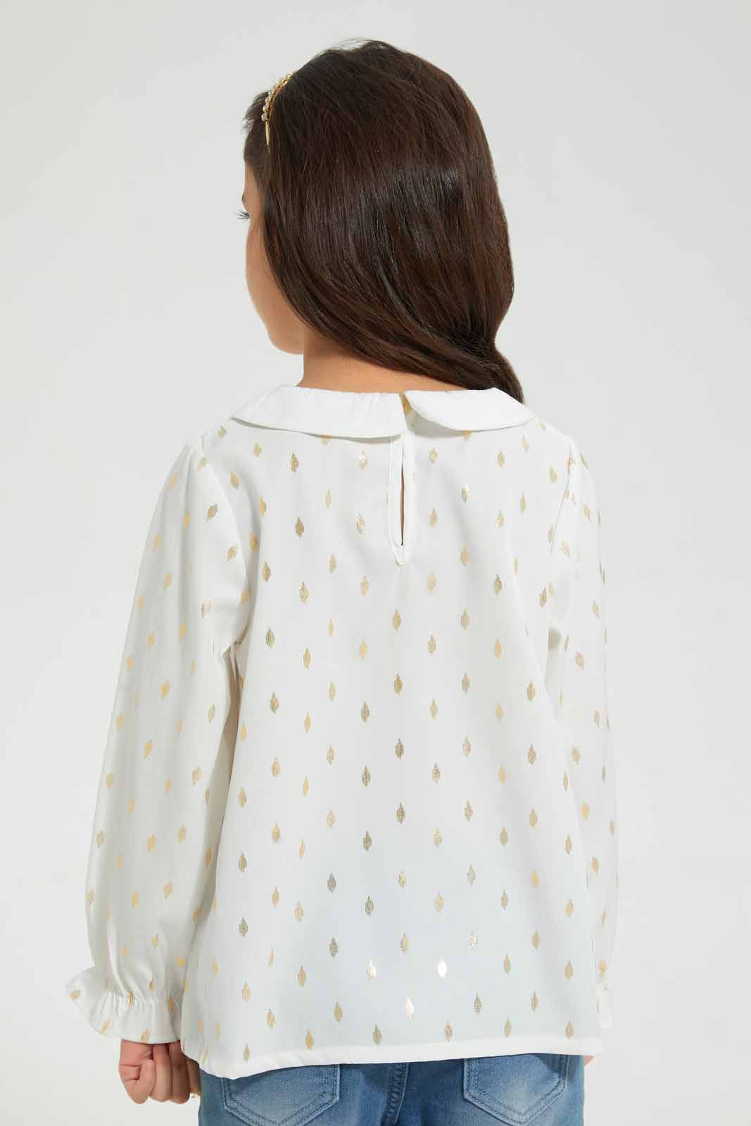 Redtag-White-All-Over-Foil-Print-With-Peter-Pan-Collar-Blouse-Blouses-Girls-2 to 8 Years