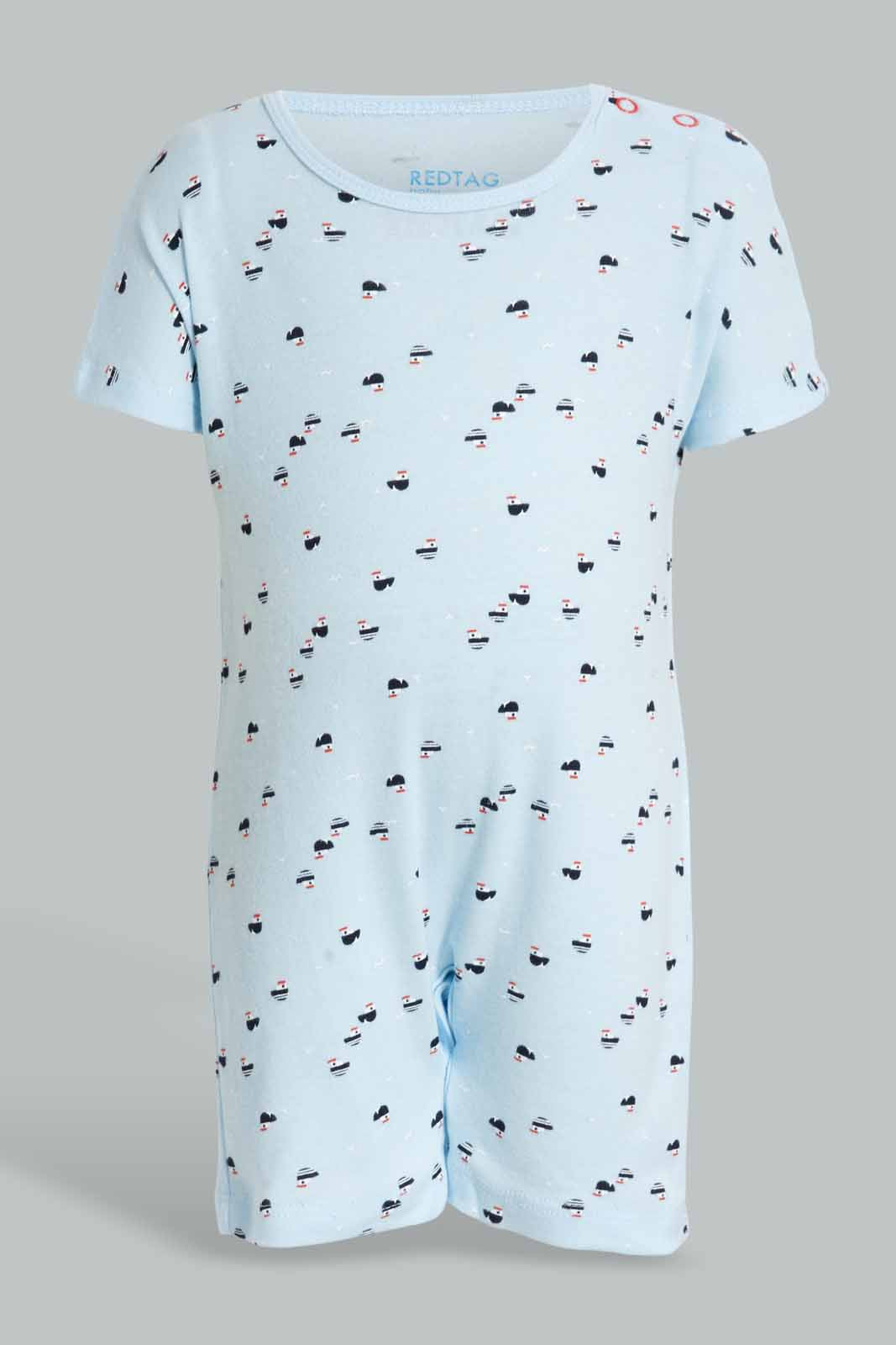 Redtag-White-And-Blue-Boat-Print-2-Piece-Pack-Romper-Rompers-Baby-0 to 12 Months
