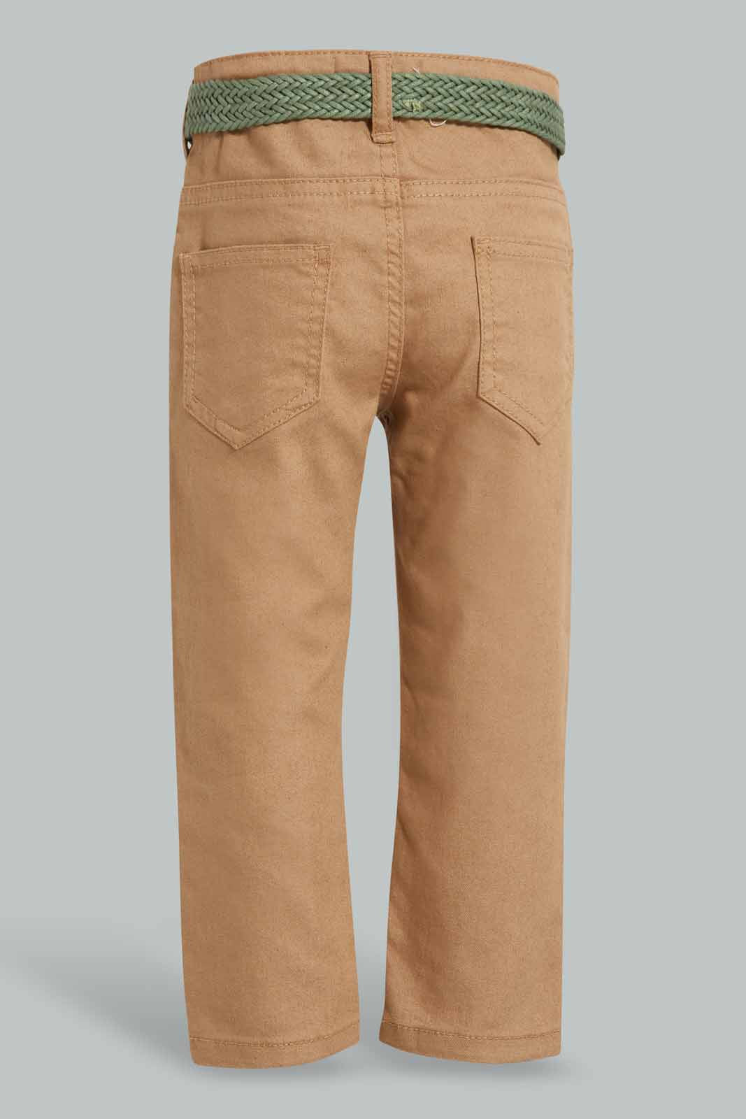 Redtag-Beige-Color-Denim-Pant-With-Belt-Jeans-Slim-Fit-Infant-Boys-3 to 24 Months